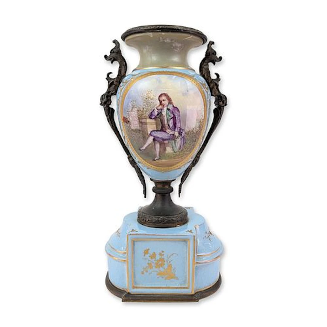 French Sevres Style Blue Porcelain Mantle Urn with Gilt Decoration