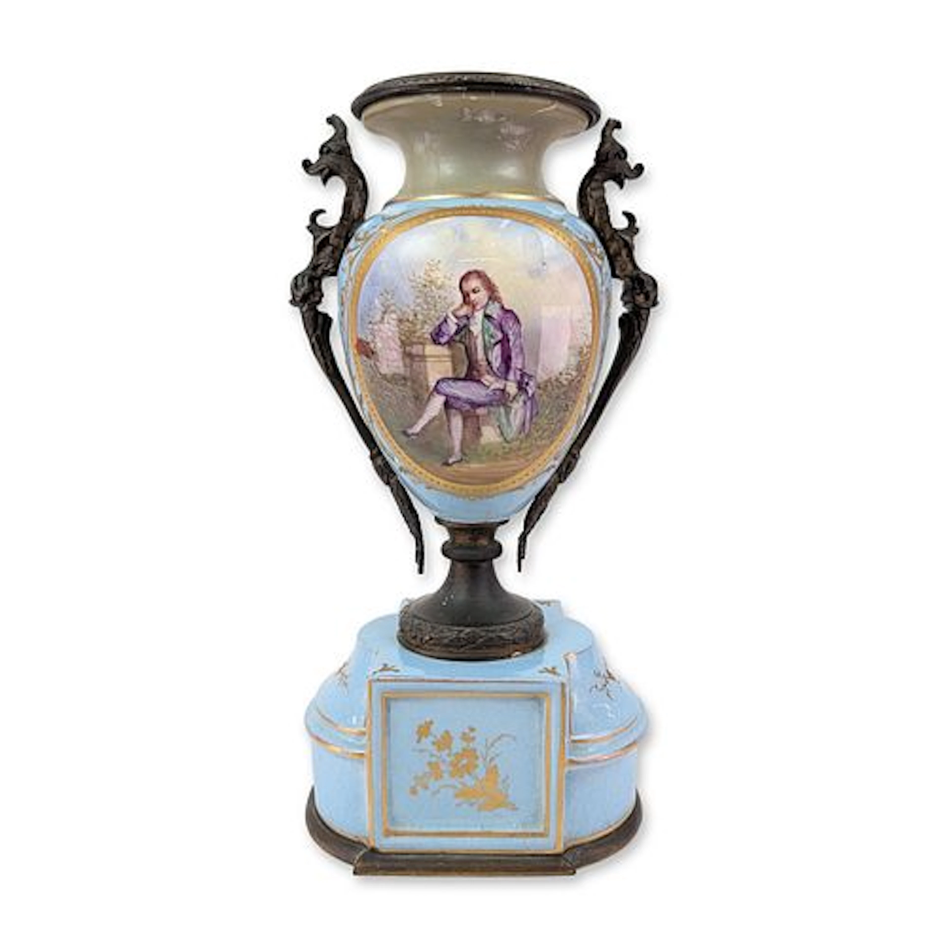 French Sevres Style Blue Porcelain Mantle Urn with Gilt Decoration