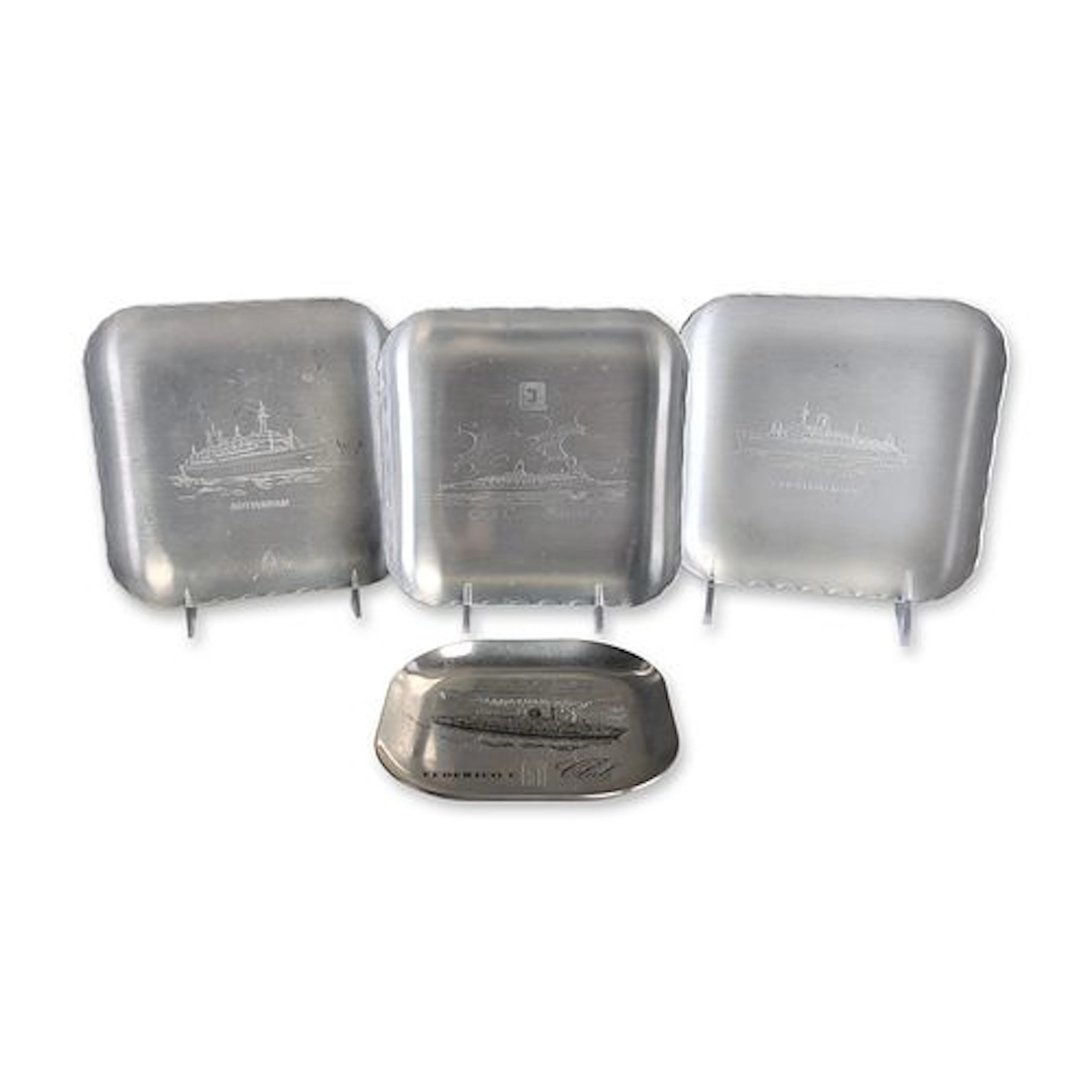 4pc Vintage Ocean Liner Metal Souvenir Trays