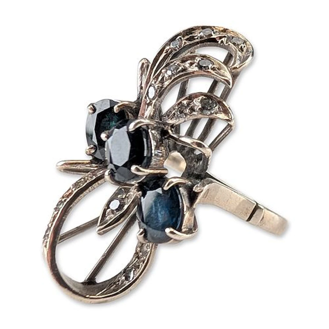 Vintage 10K White Gold Sapphire and Diamond Floral Spray Ring