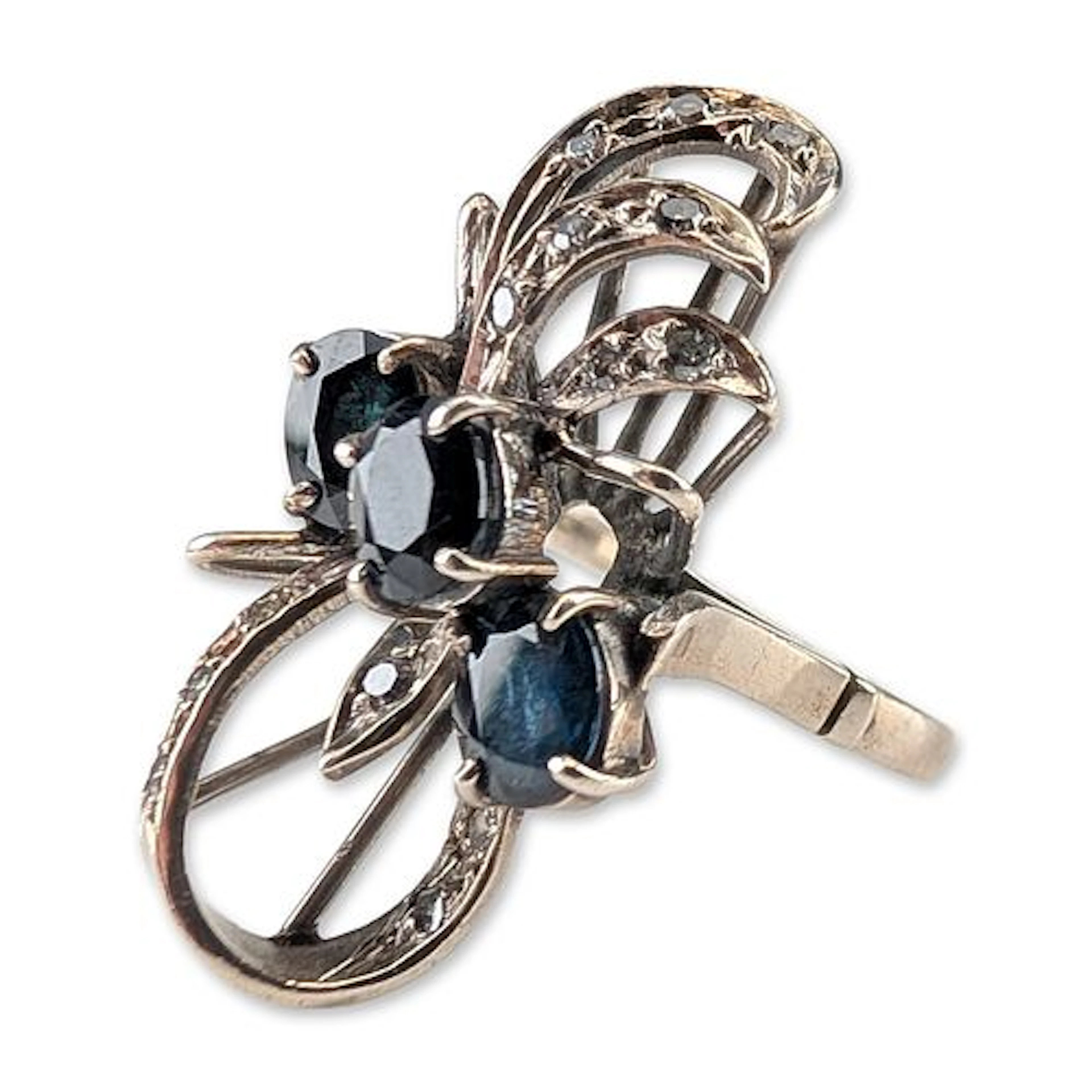 Vintage 10K White Gold Sapphire and Diamond Floral Spray Ring