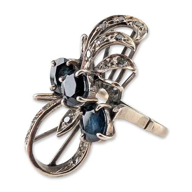 Vintage 10K White Gold Sapphire and Diamond Floral Spray Ring