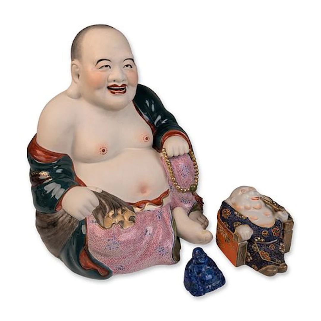 3pc Chinese Porcelain Laughing Buddha Sculpture, Carved Blue Stone