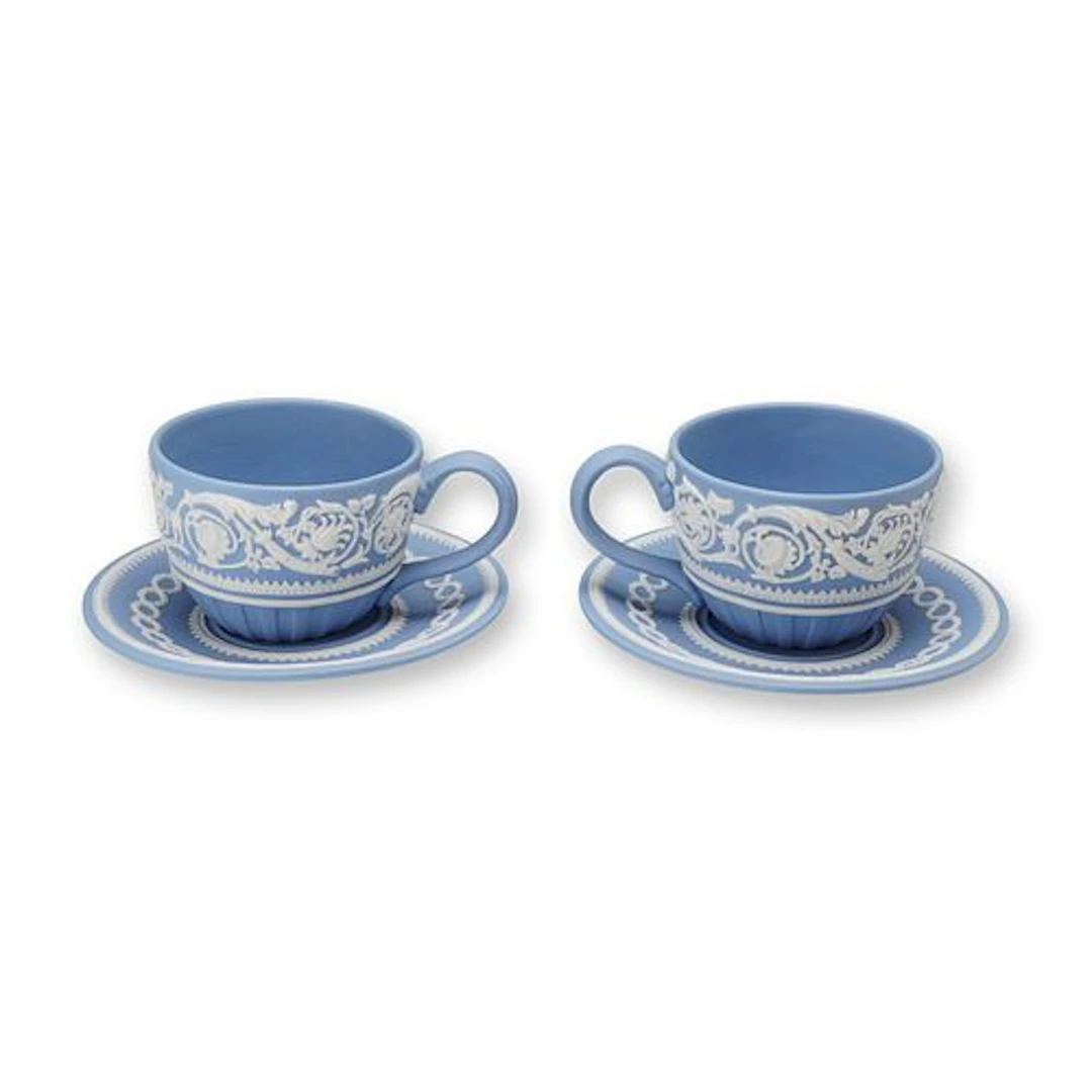 A Pair of Wedgwood Pale Blue Jasperware 250th Anniversary Teacups and Saucers