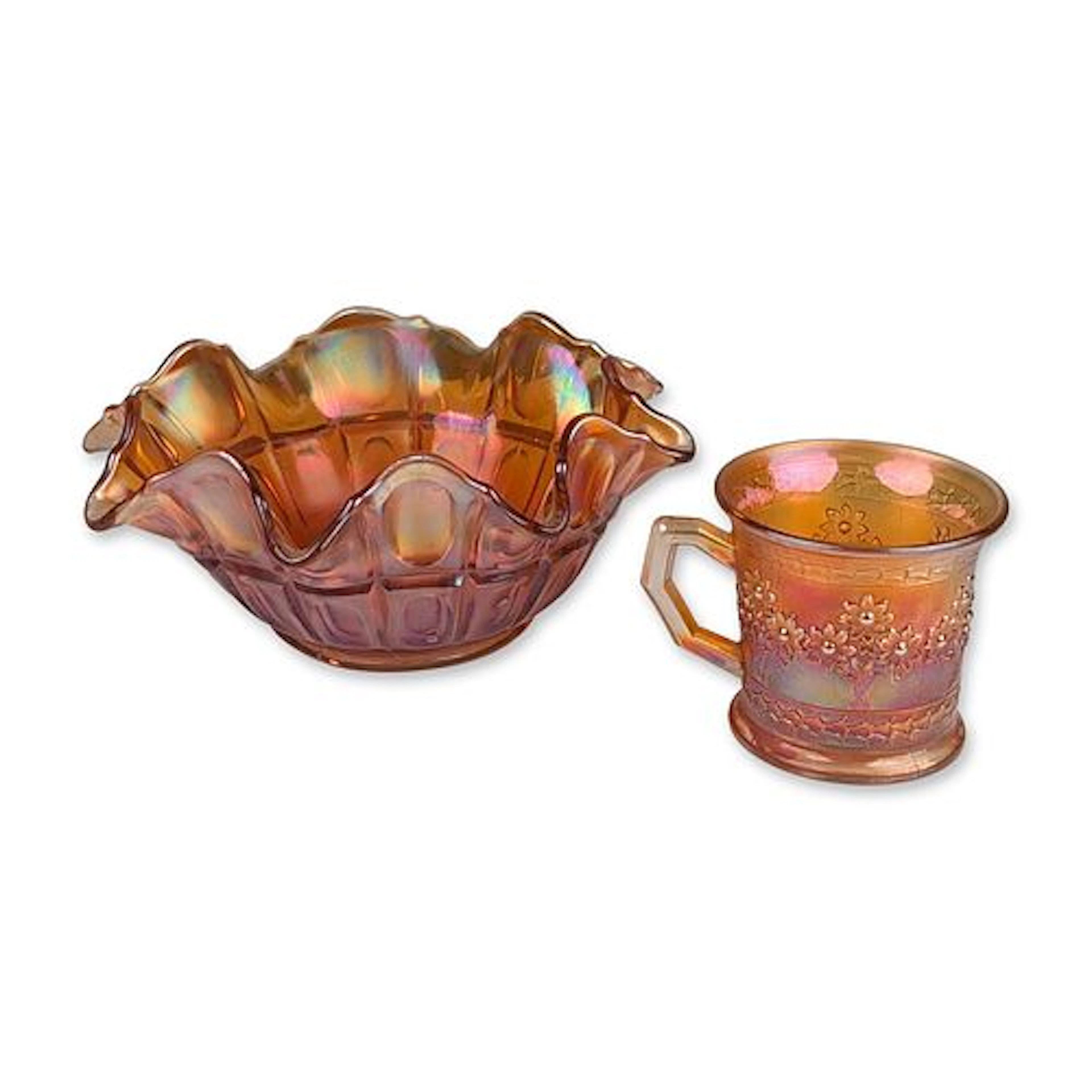 Two Marigold Carnival Glass Ruffled Bowl and Orange Tree Pattern Mug