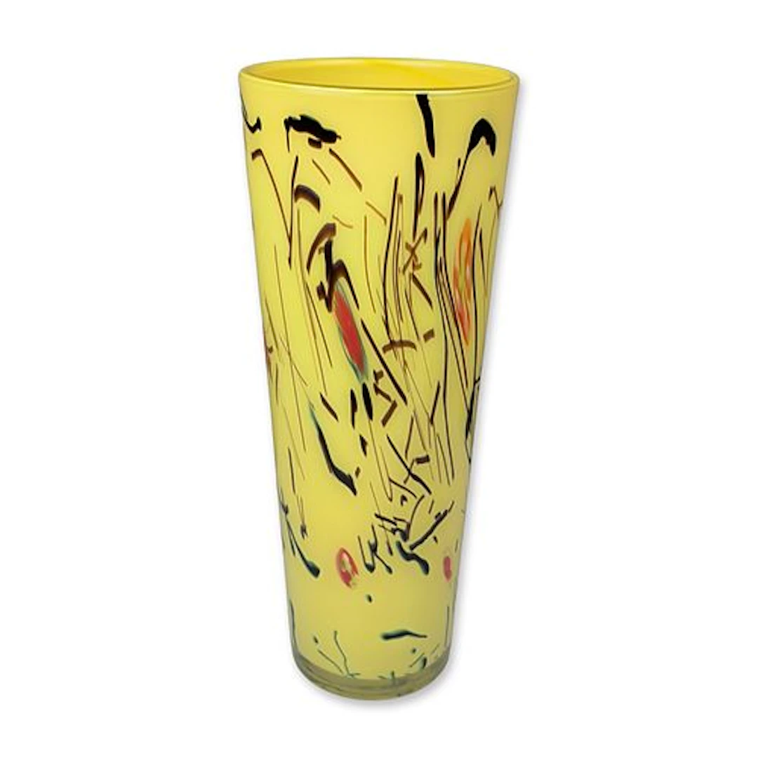 Eastern Abstract Hand Blown Yellow Trailed Art Glass Vase