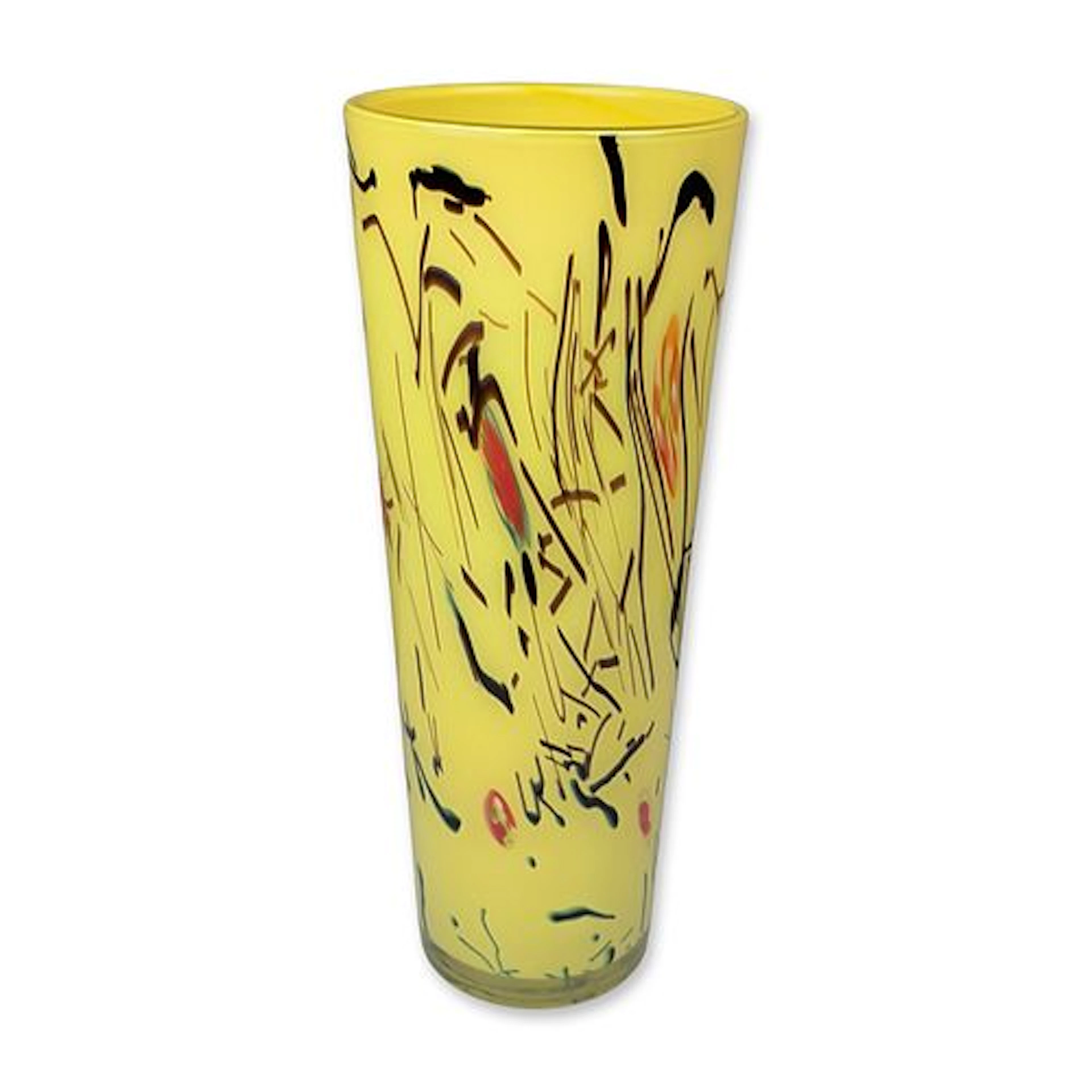 Eastern Abstract Hand Blown Yellow Trailed Art Glass Vase