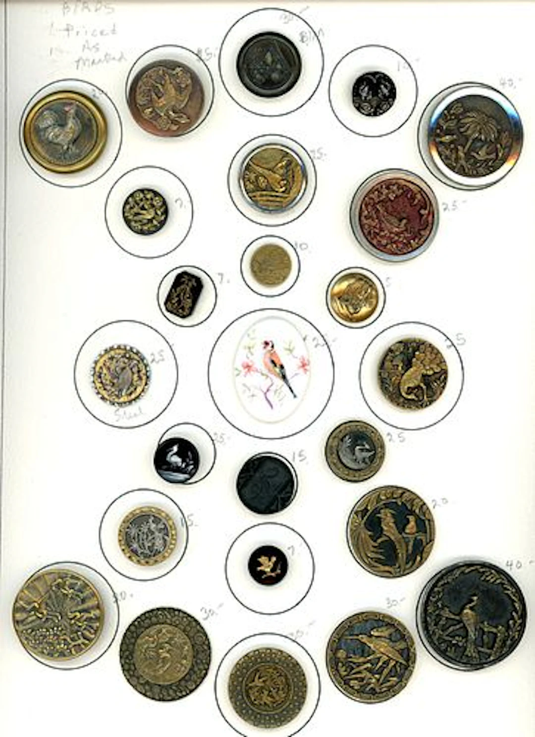 A CARD OF DIVISION ONE AND THREE BIRD BUTTONS