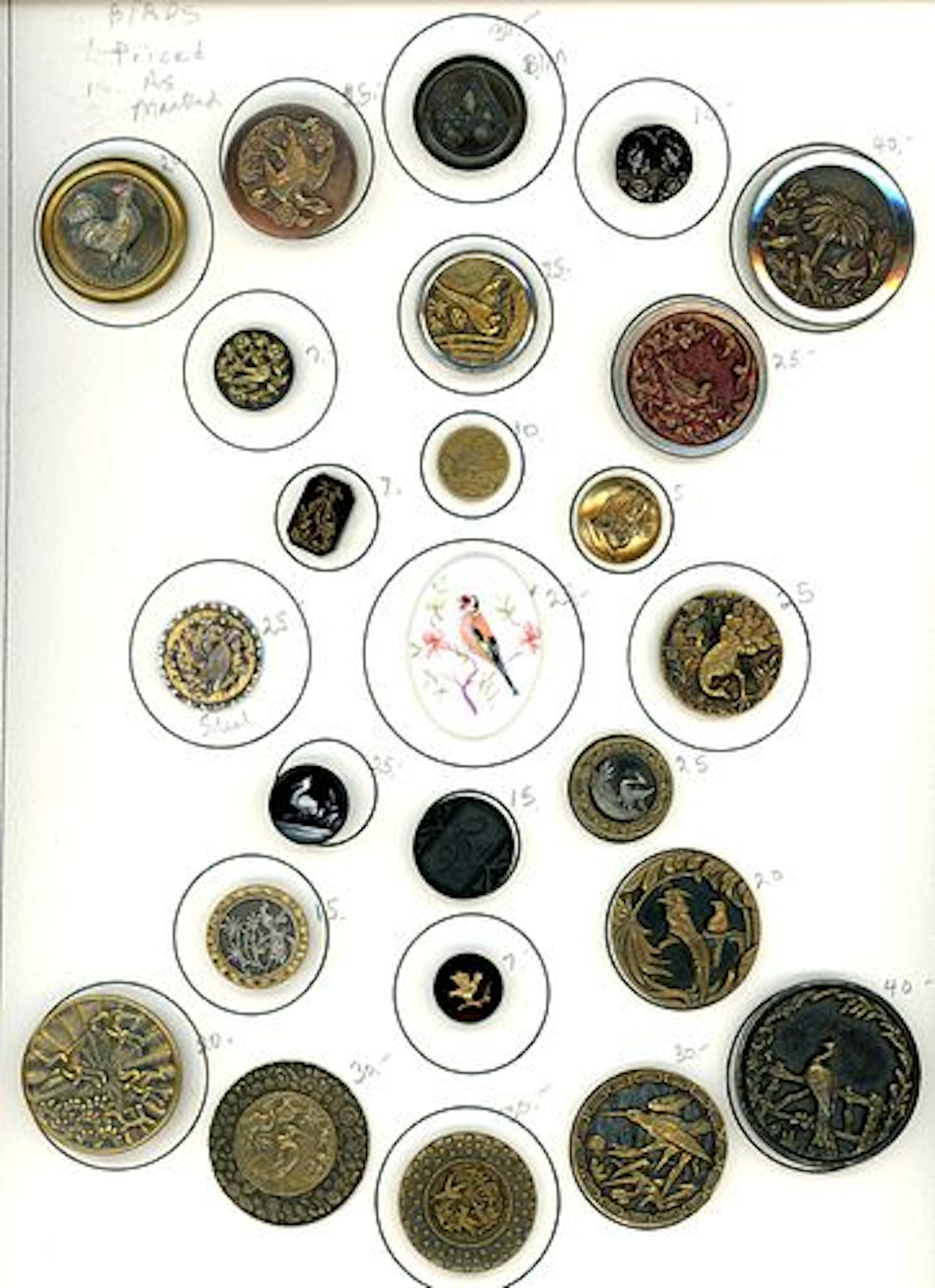 A CARD OF DIVISION ONE AND THREE BIRD BUTTONS