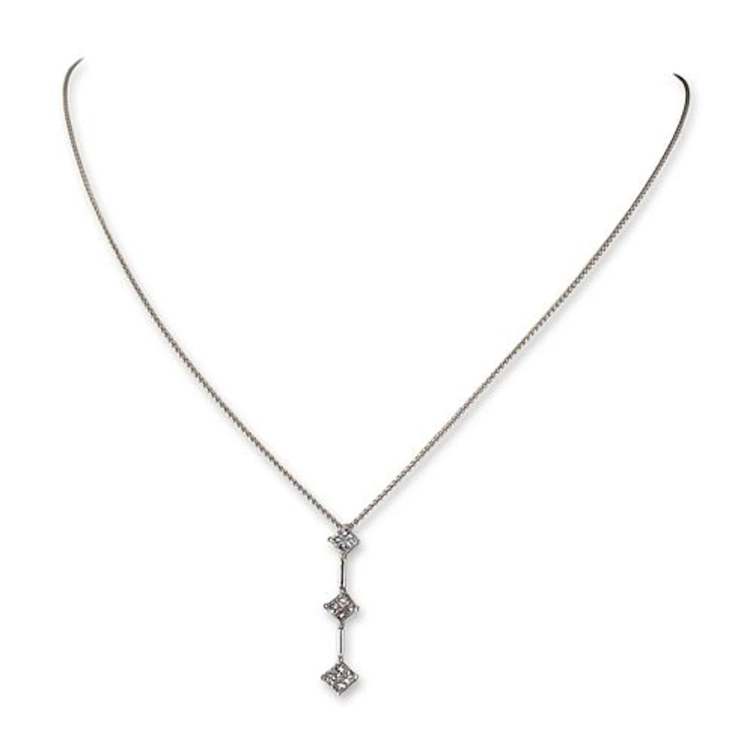 14K White Gold Three Stone Diamond Drop Necklace