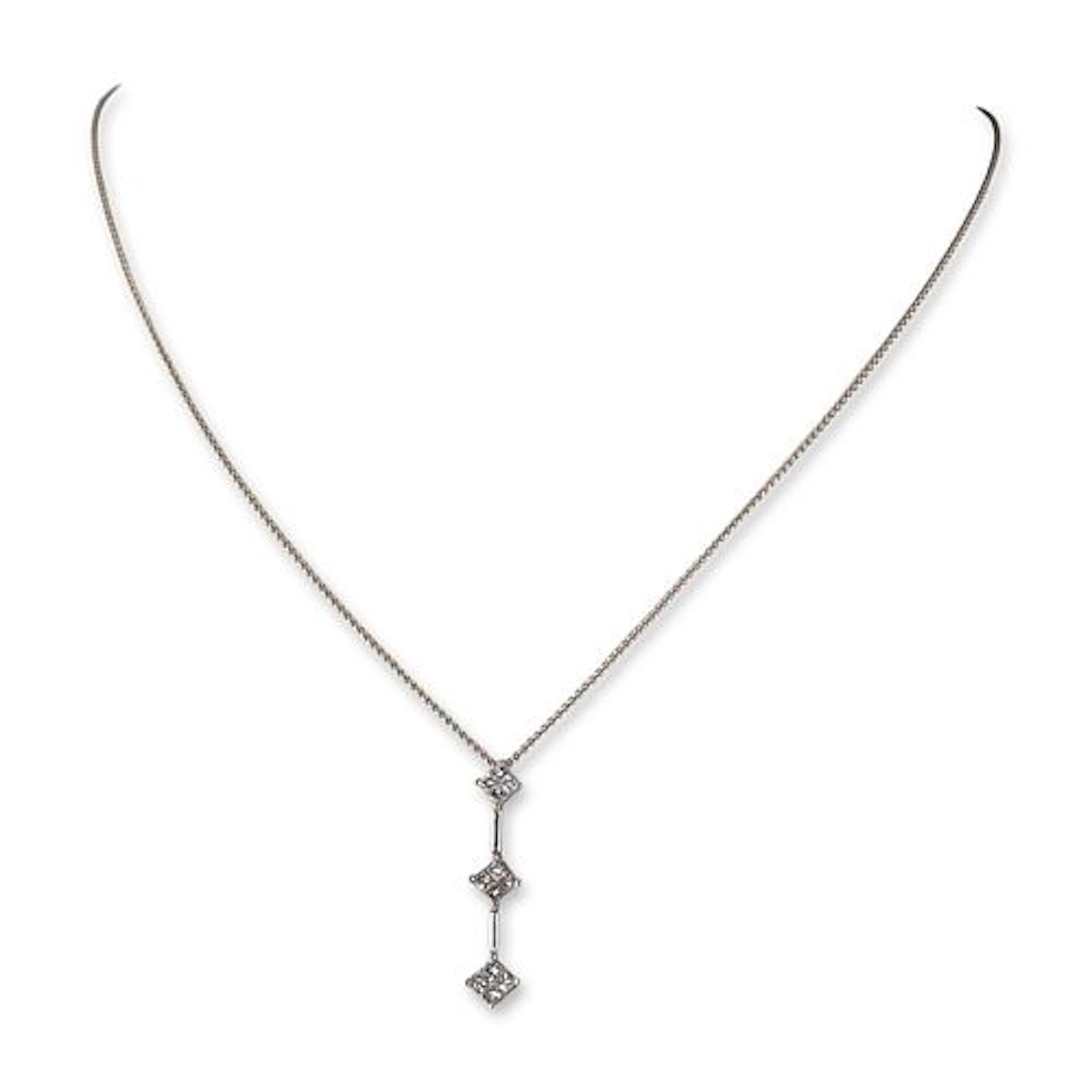 14K White Gold Three Stone Diamond Drop Necklace