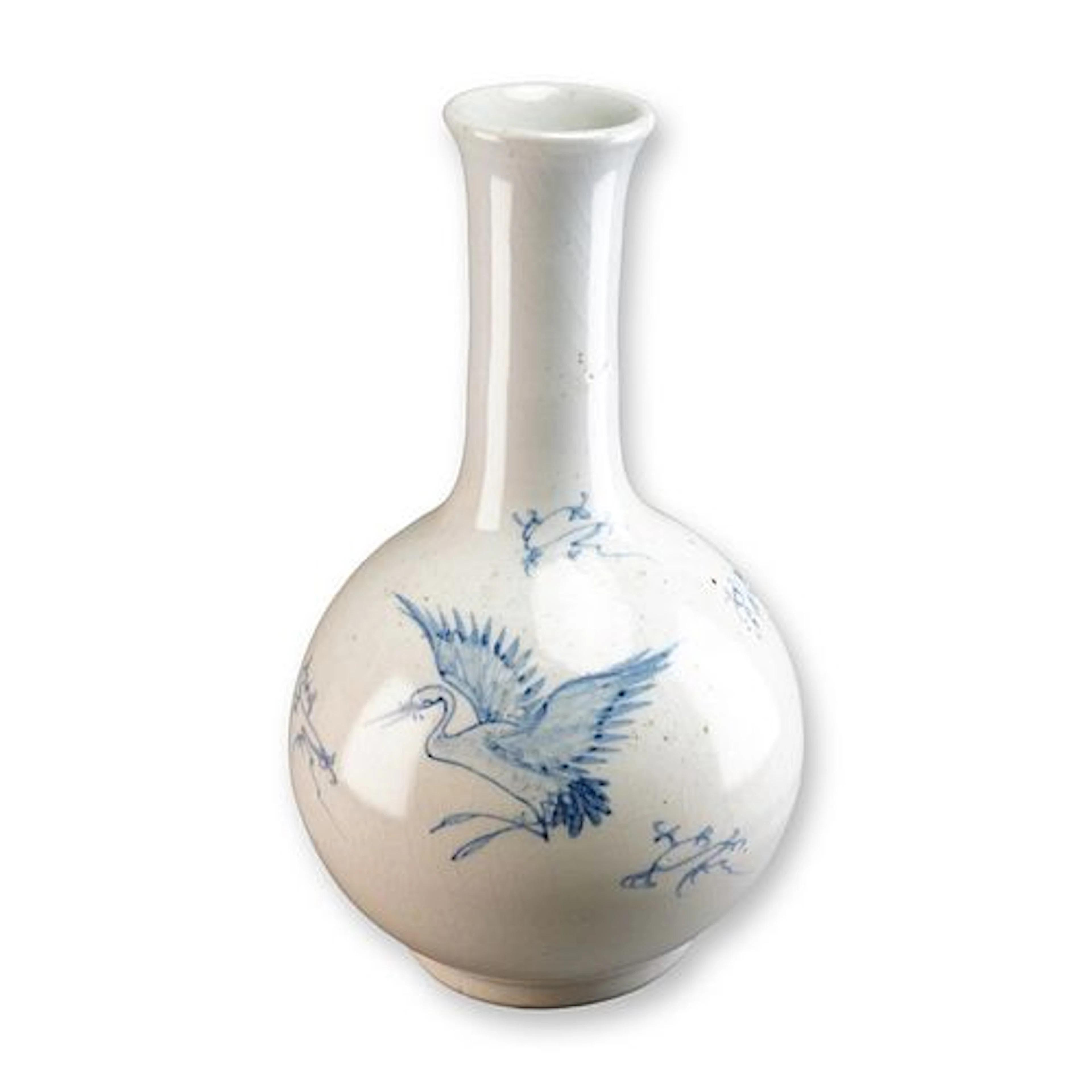 Korean Blue & White Porcelain Bottle Vase, Cranes Design