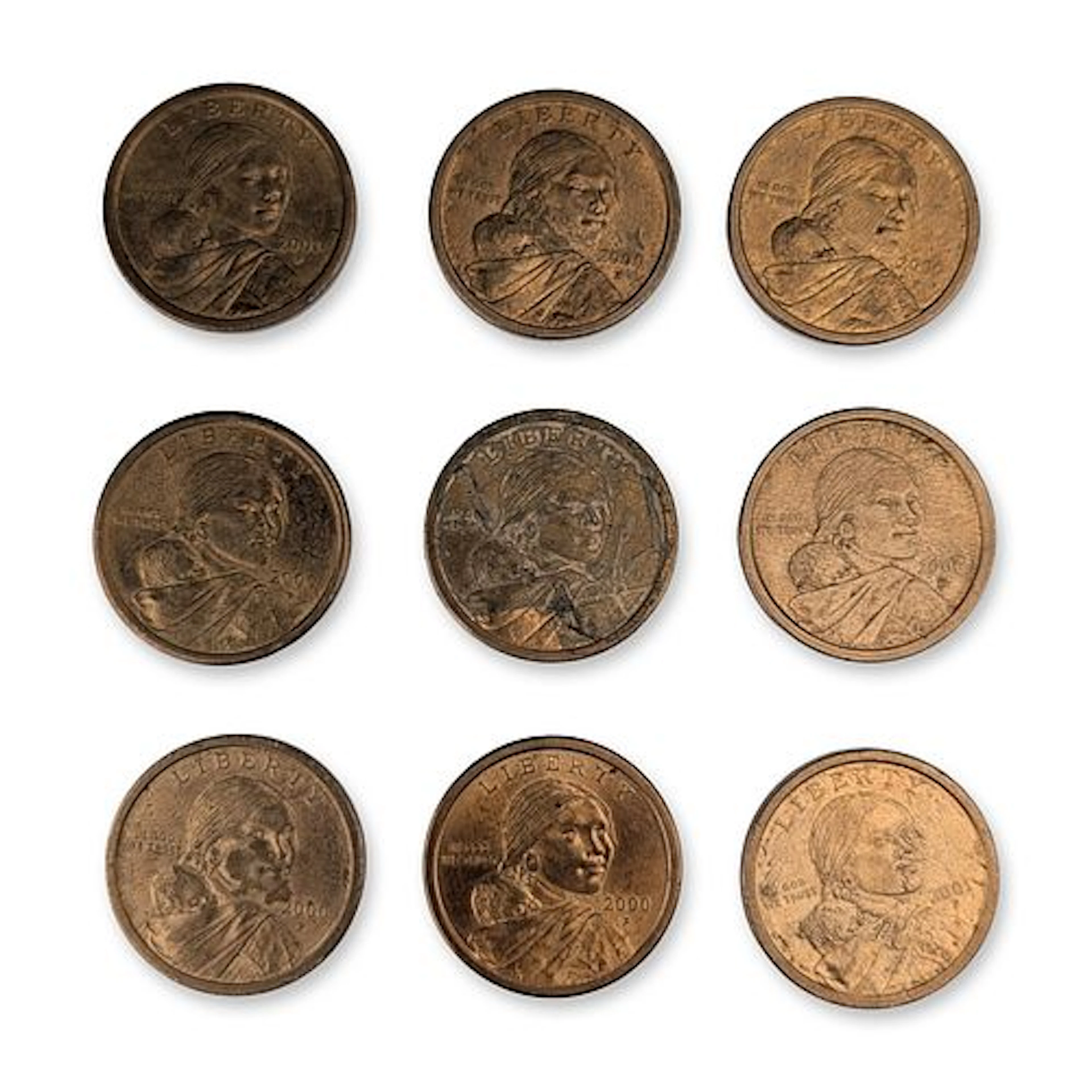 9pc 2000-P, 2001-P US Liberty Sacagawea One-Dollar Coins, Circulated
