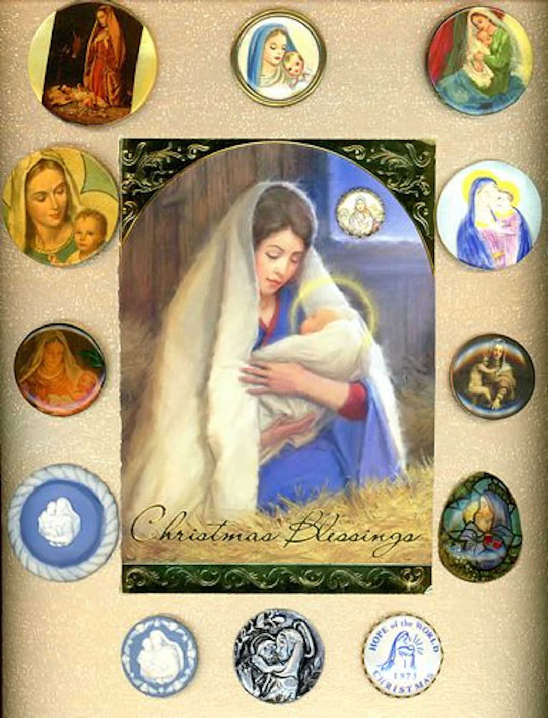 A CARD OF DIVISION THREE MADONNA & CHILD BUTTONS