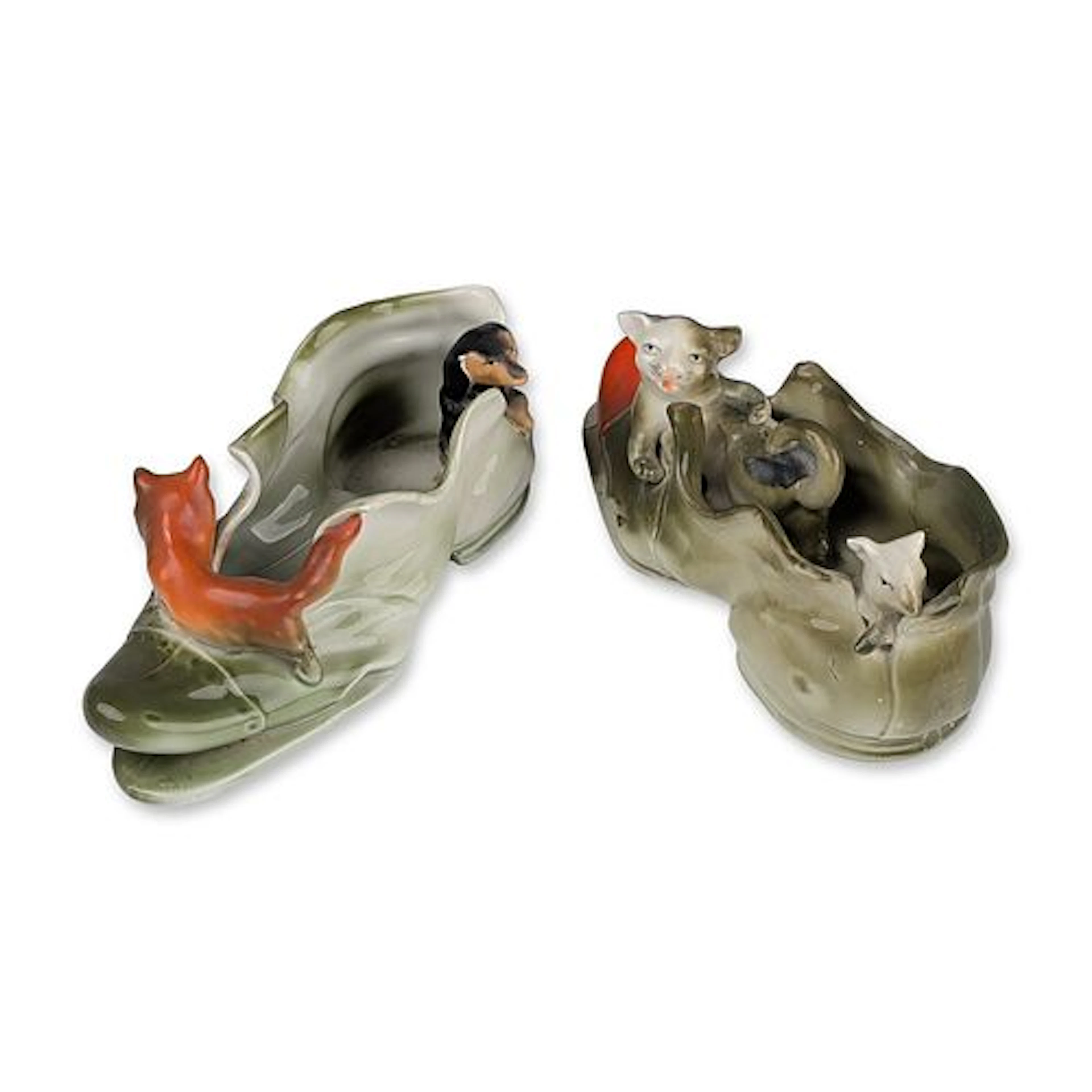 Pair of Painted Porcelain Animal and Shoe Figurines