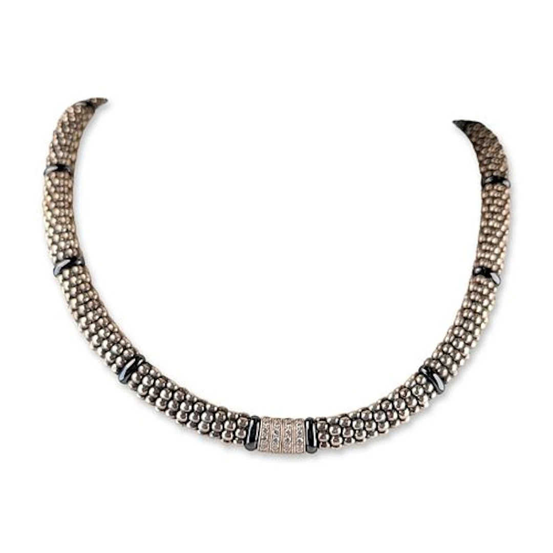 Lagos Sterling Silver Black Ceramic and Diamond Caviar Collar Necklace