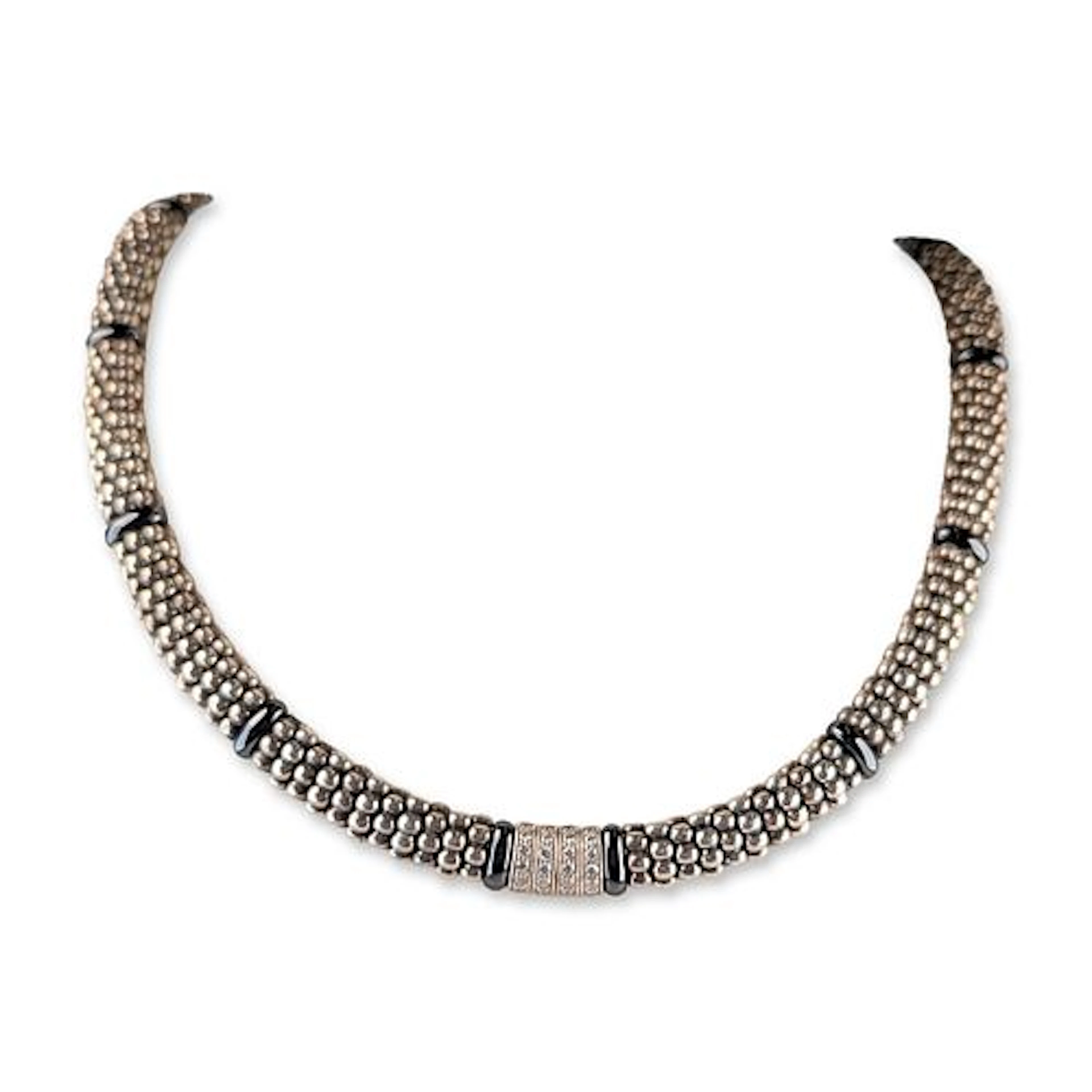 Lagos Sterling Silver Black Ceramic and Diamond Caviar Collar Necklace