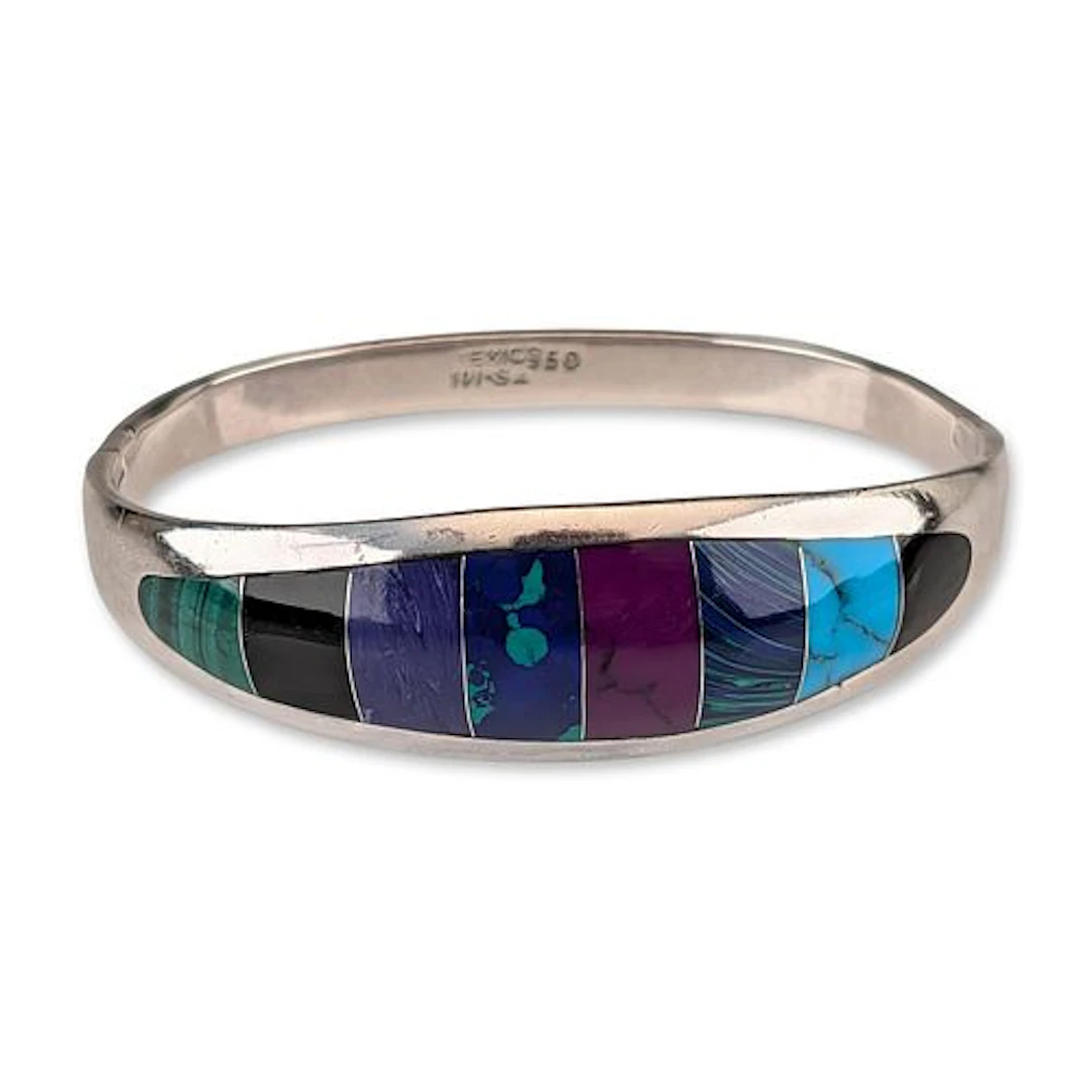 Taxco Mexico .950 Silver Multi-Stone Inlay Bangle