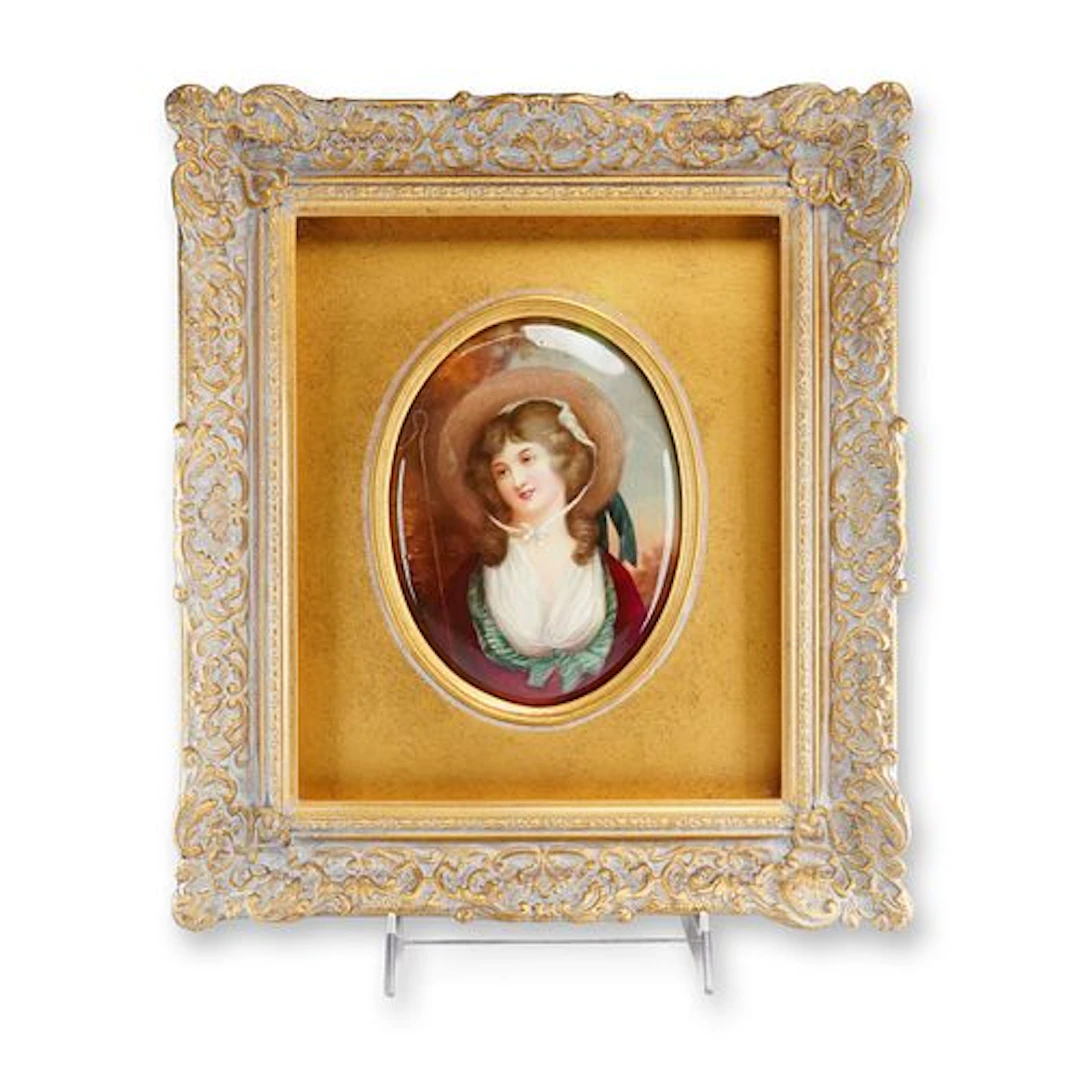 Framed Leslie Johnson Hand-Painted Plaque, Shepherdess