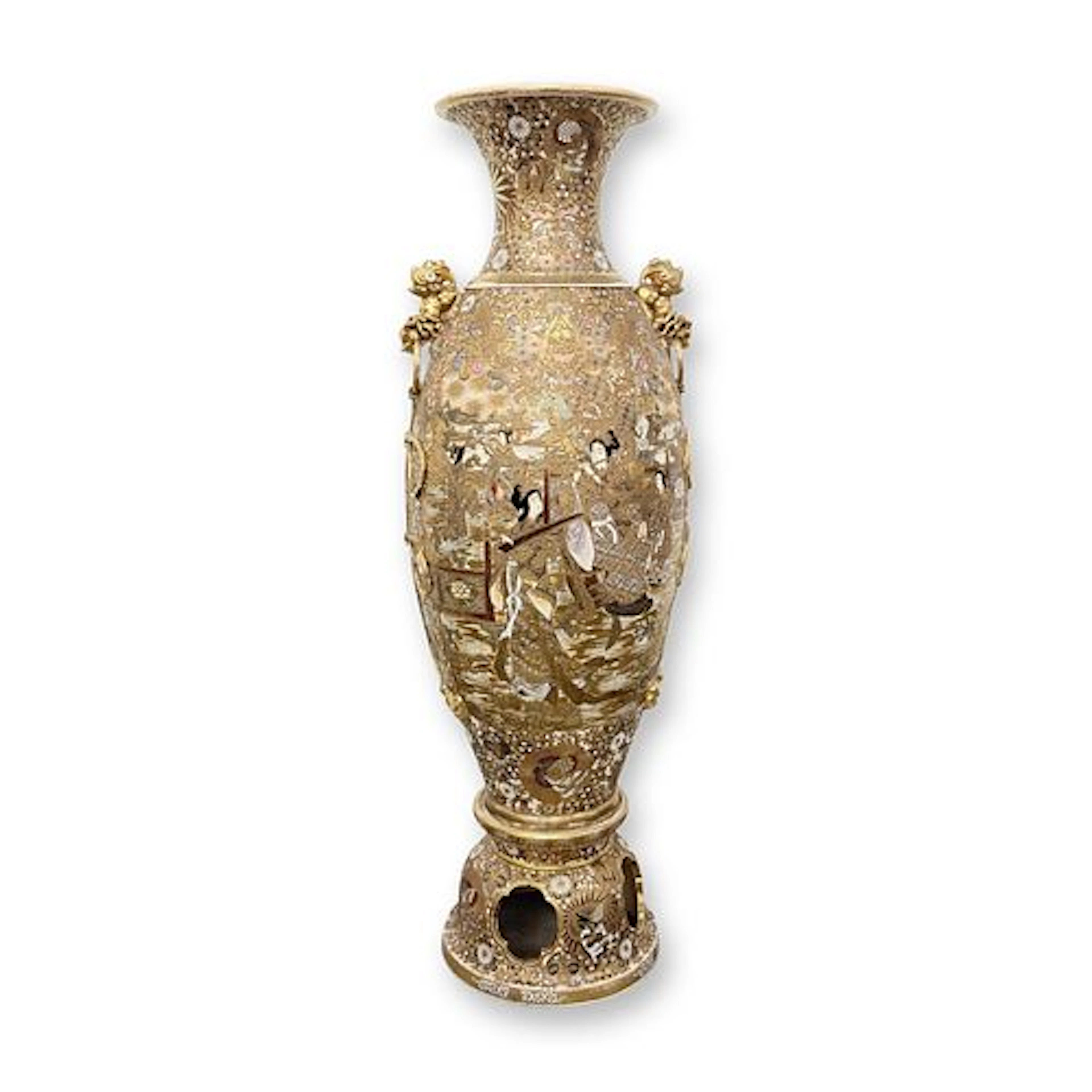 Satsuma Palace Vase with Foo Dog Handles and Base