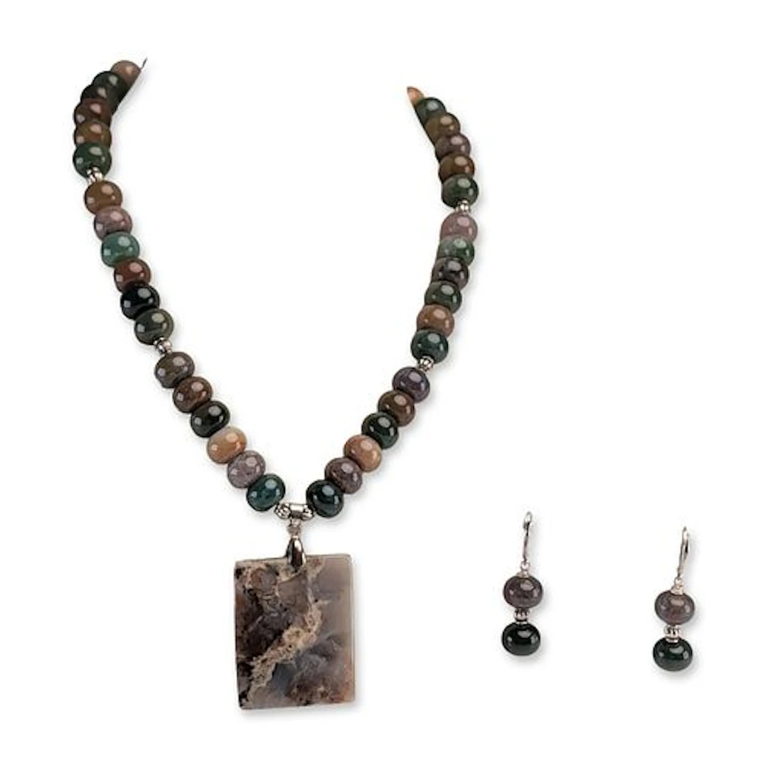 2pc Moss Agate and Silver Necklace and Earrings