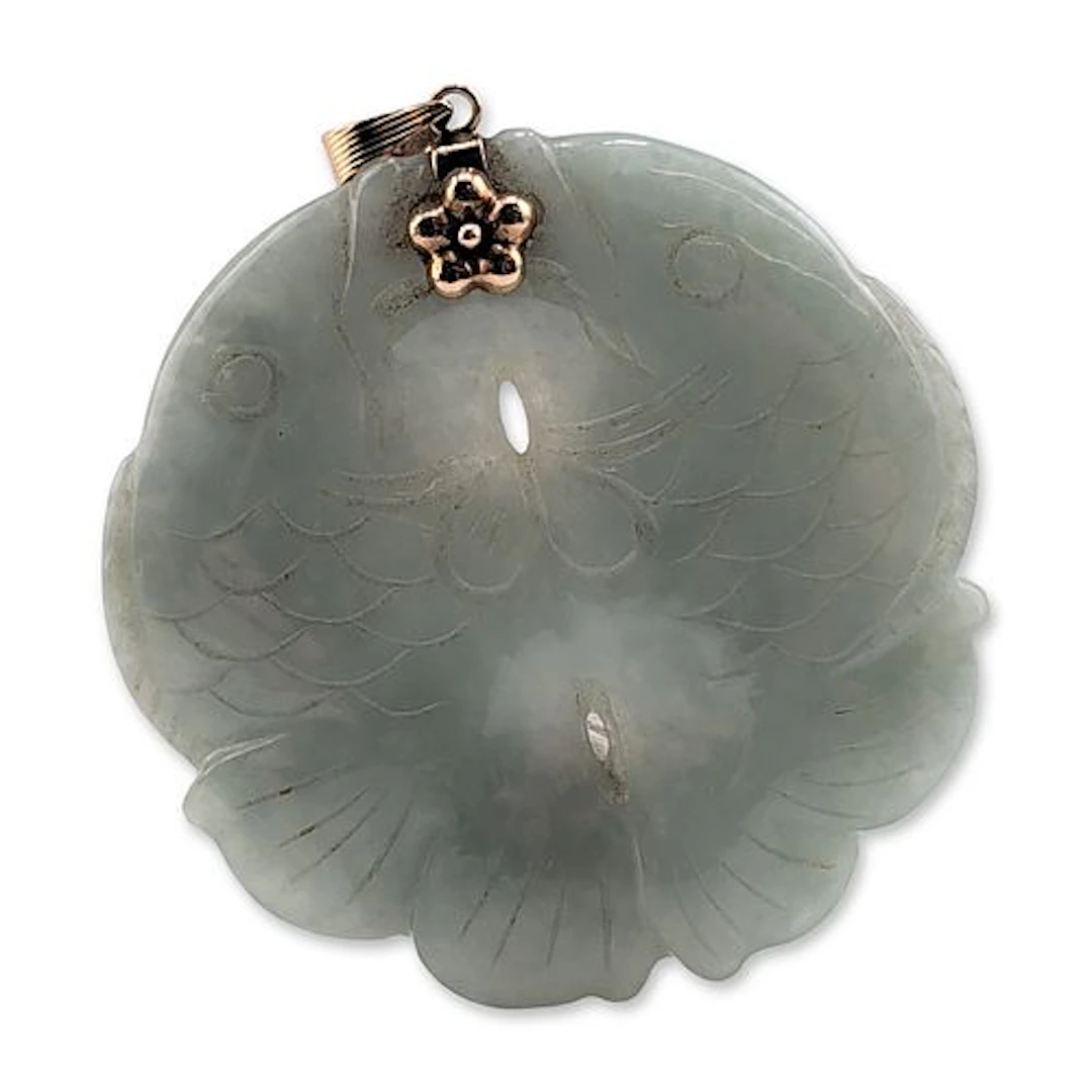 14K Yellow Gold Carved Jade Double Carp Pendant