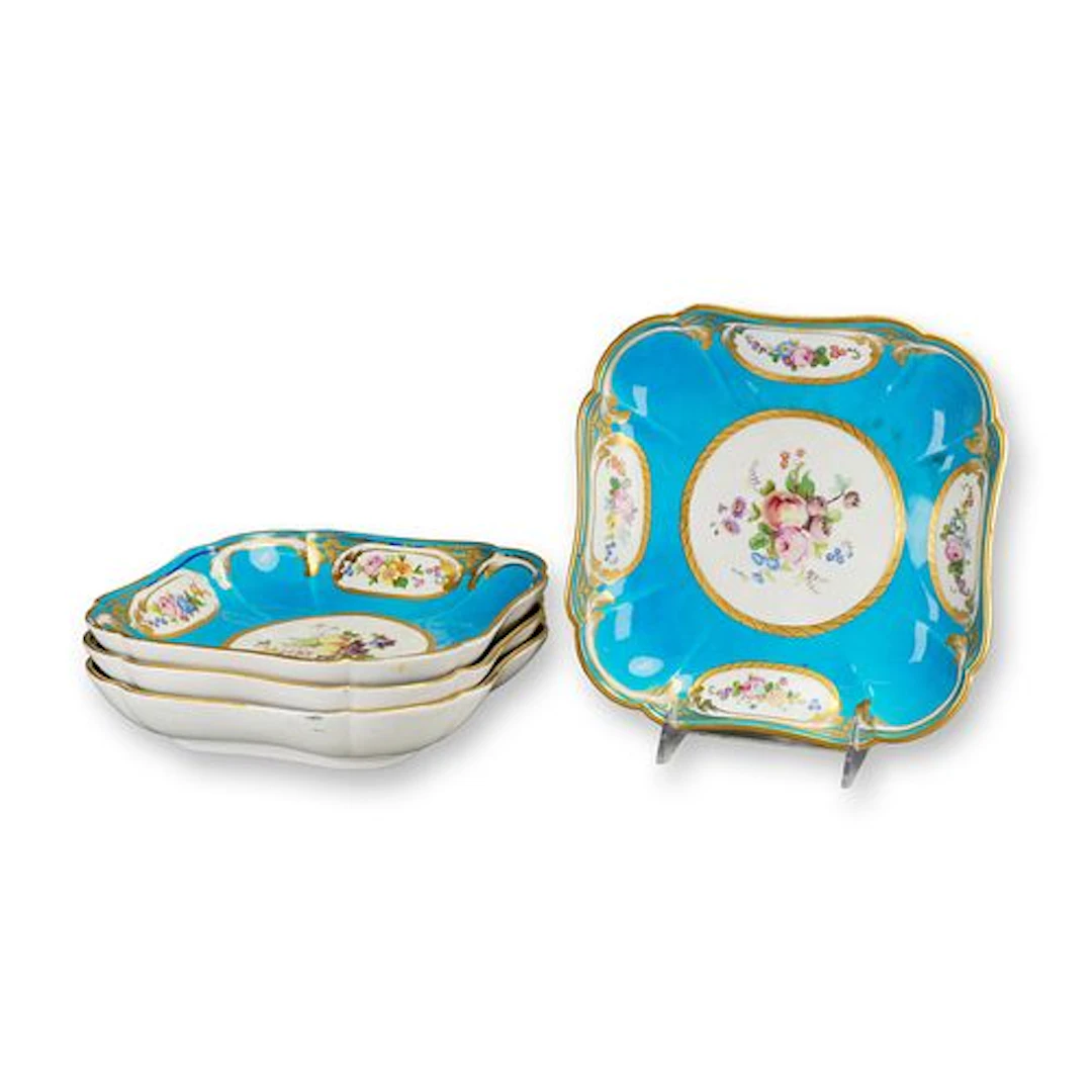 4pc French Sevres Style Porcelain Bowls with Bleu Celestre Ground
