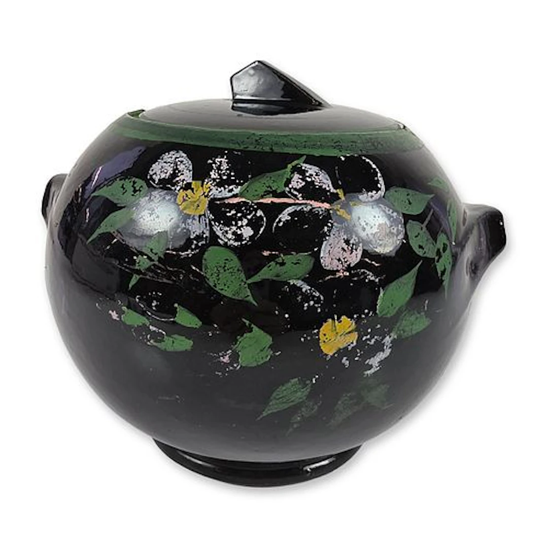 Vintage Hand-Painted Black Floral Pottery Cookie Jar