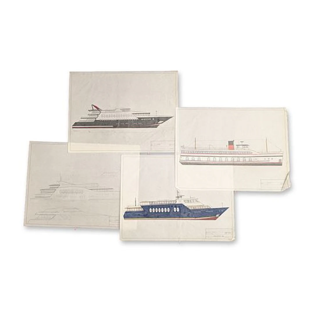 4pc Maritime Vessel Design Color Drawings on Drafting Paper by P.L. Merc