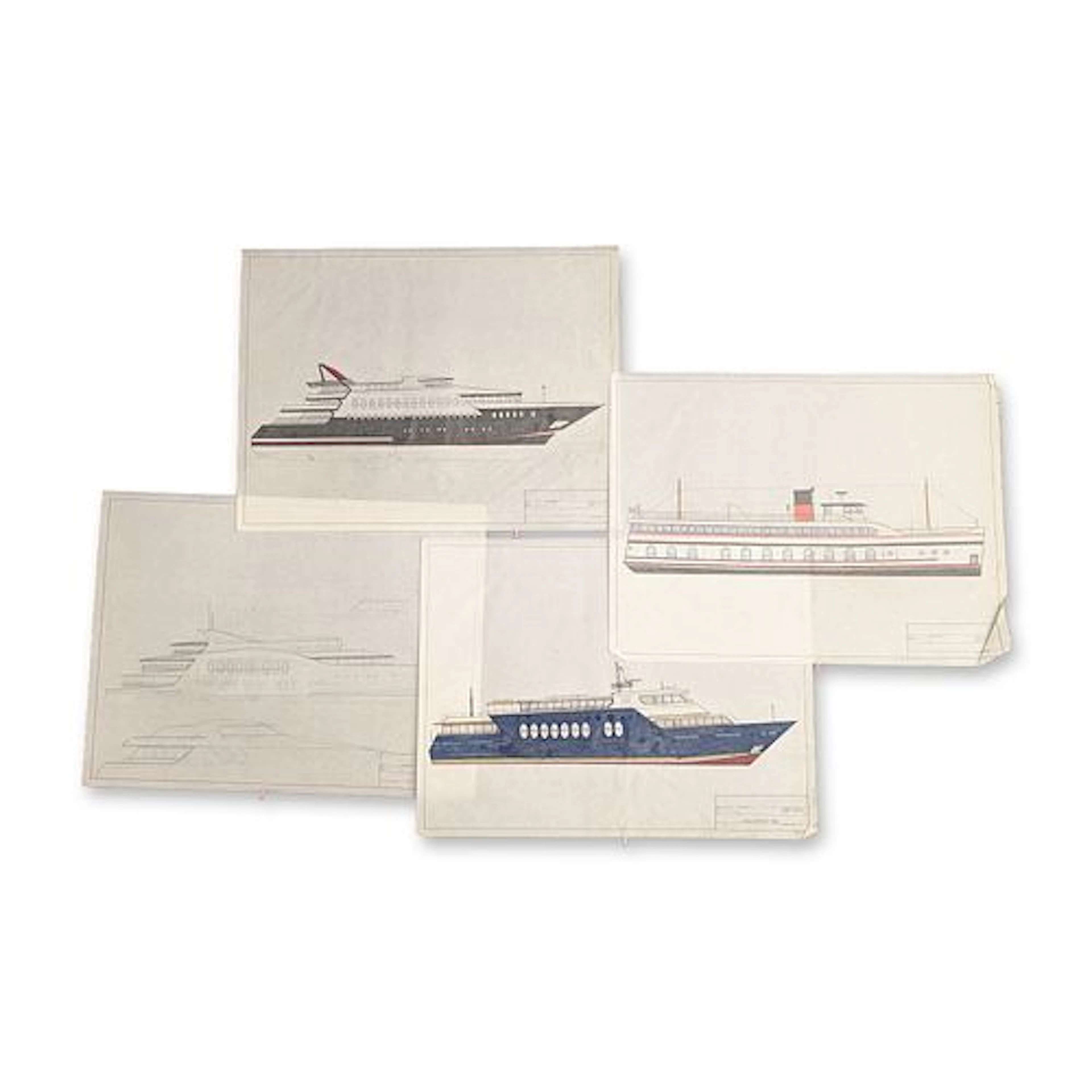 4pc Maritime Vessel Design Color Drawings on Drafting Paper by P.L. Merc