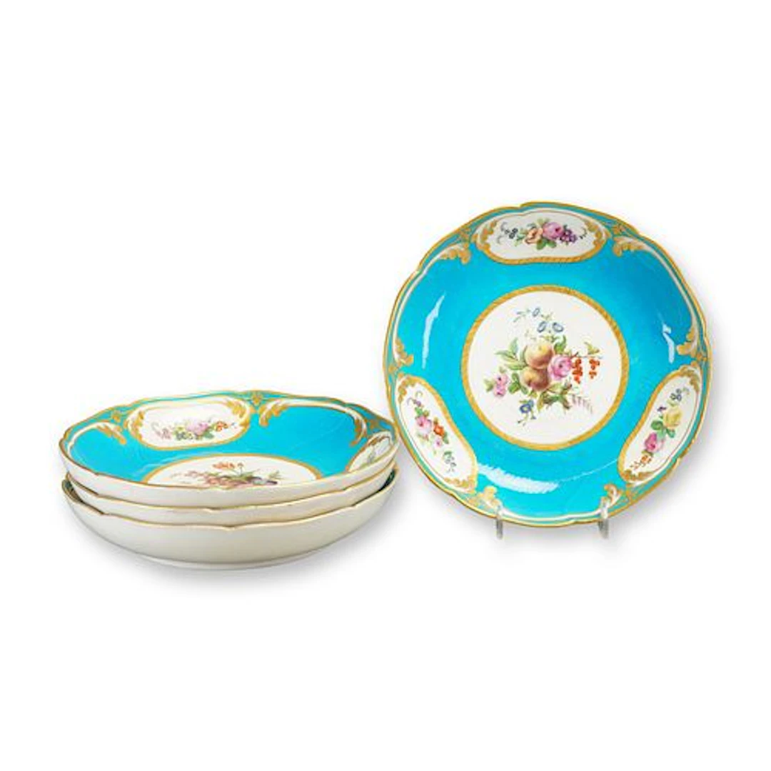 4pc French Sevres-Style Bleu Celeste Porcelain Deep Plates