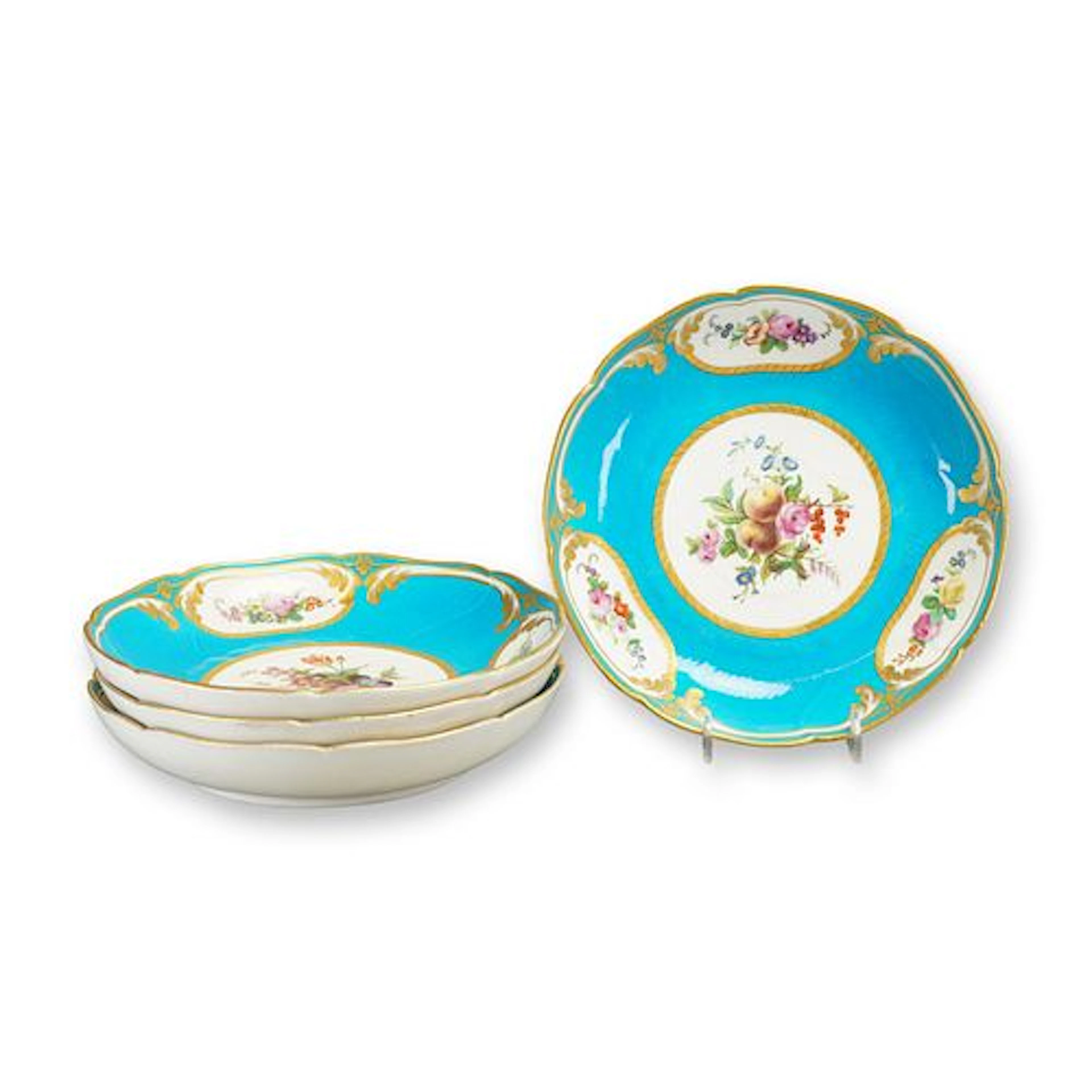 4pc French Sevres-Style Bleu Celeste Porcelain Deep Plates