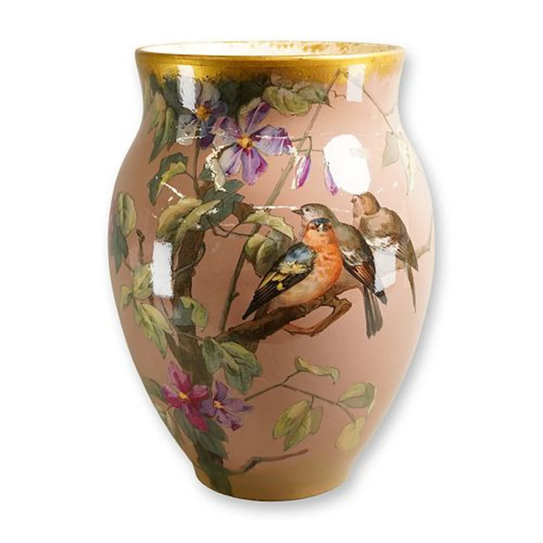Impressive Large European Hand-Painted Porcelain Vase with Avian Scenes