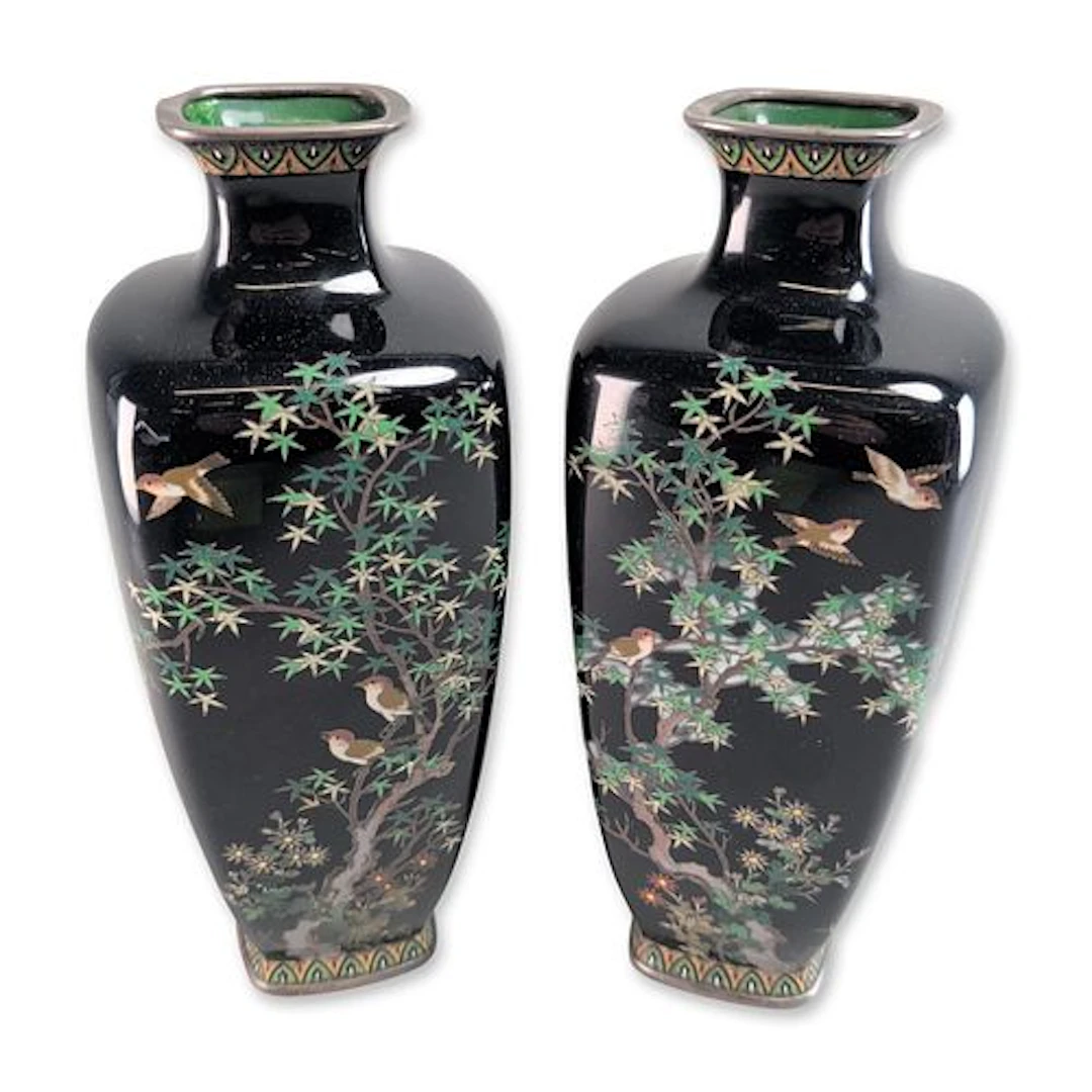 2pc Japanese Meiji Period Cloisonne Enamel Rectangular Vases