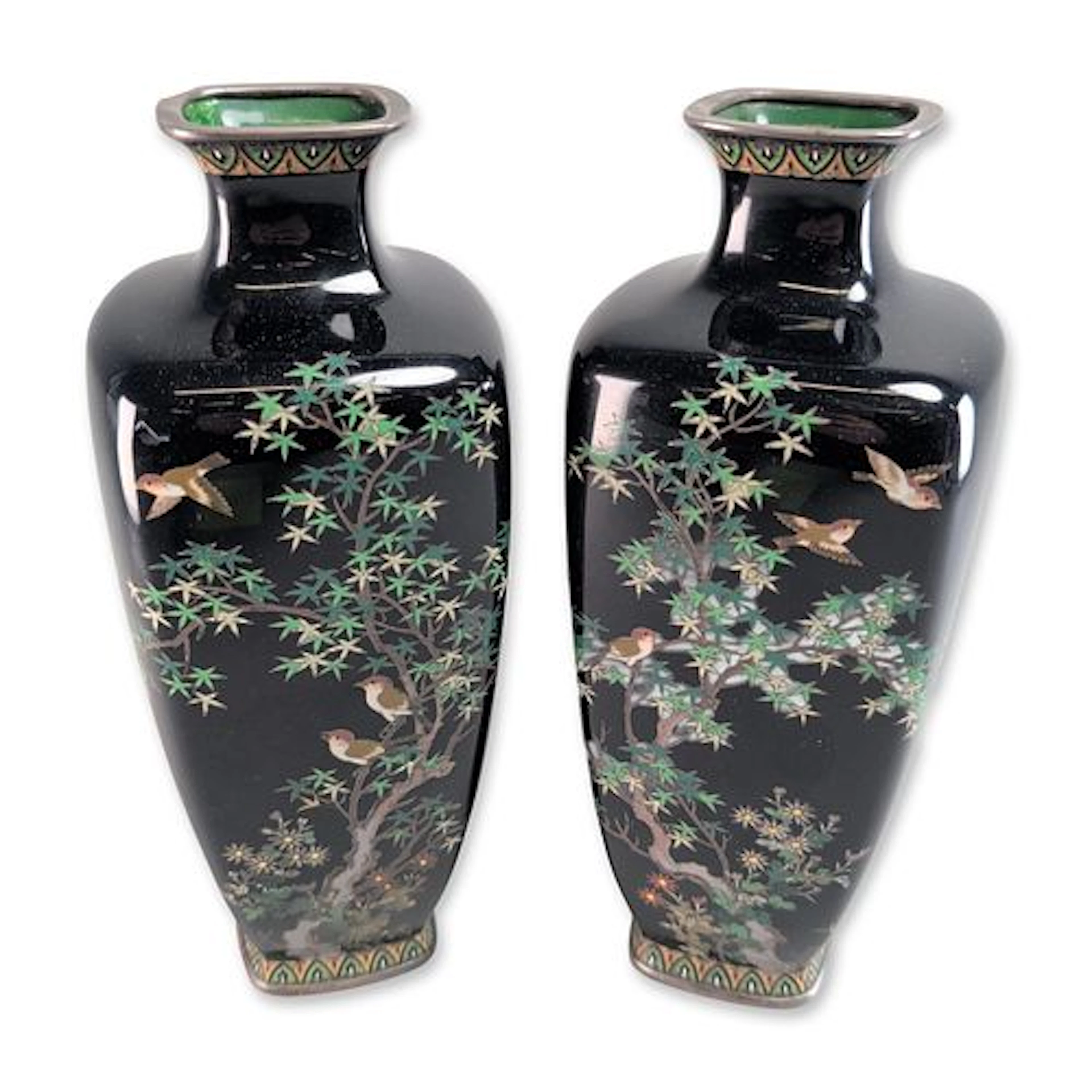 2pc Japanese Meiji Period Cloisonne Enamel Rectangular Vases