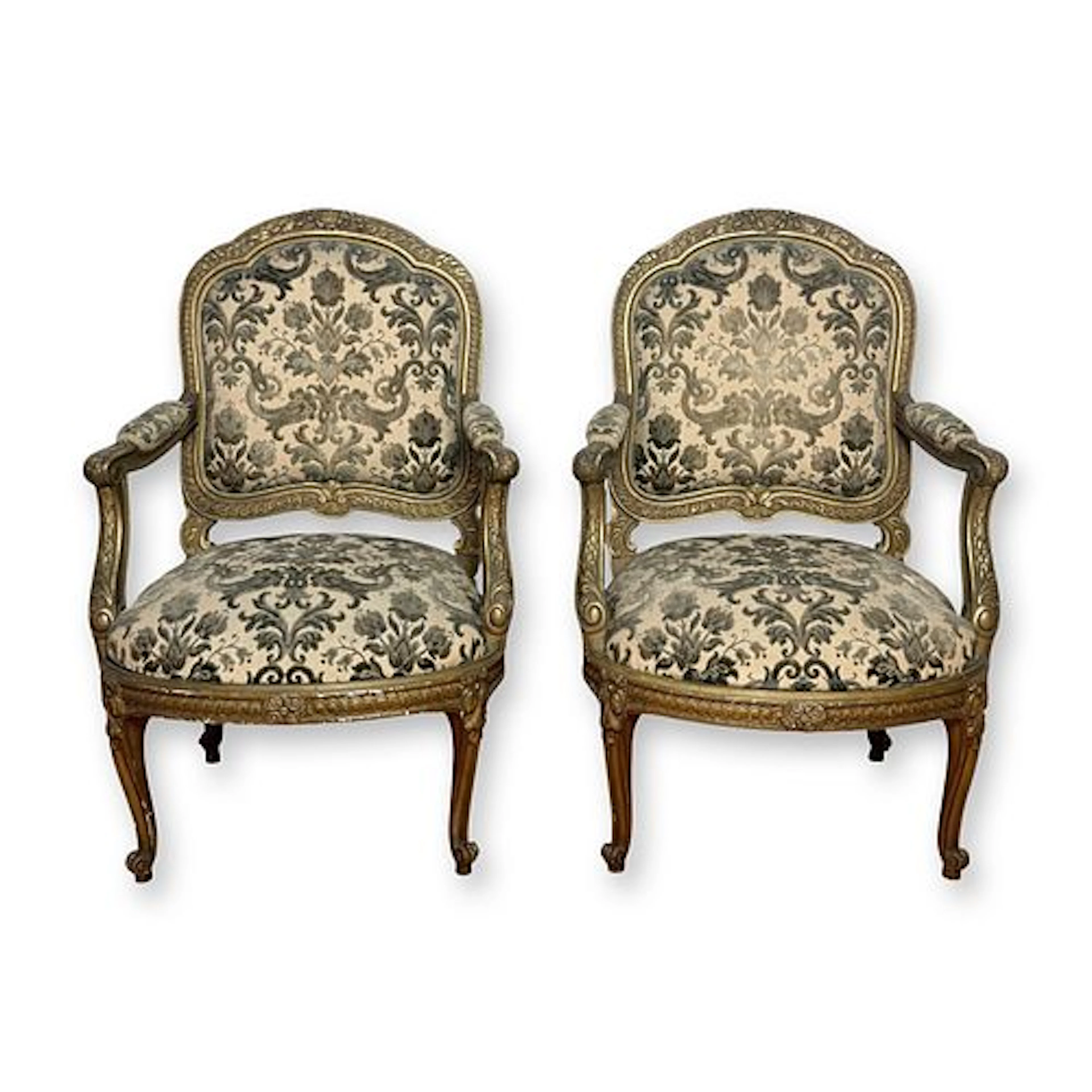 Pair of French Louis XV Style Giltwood Armchairs, 19th Century