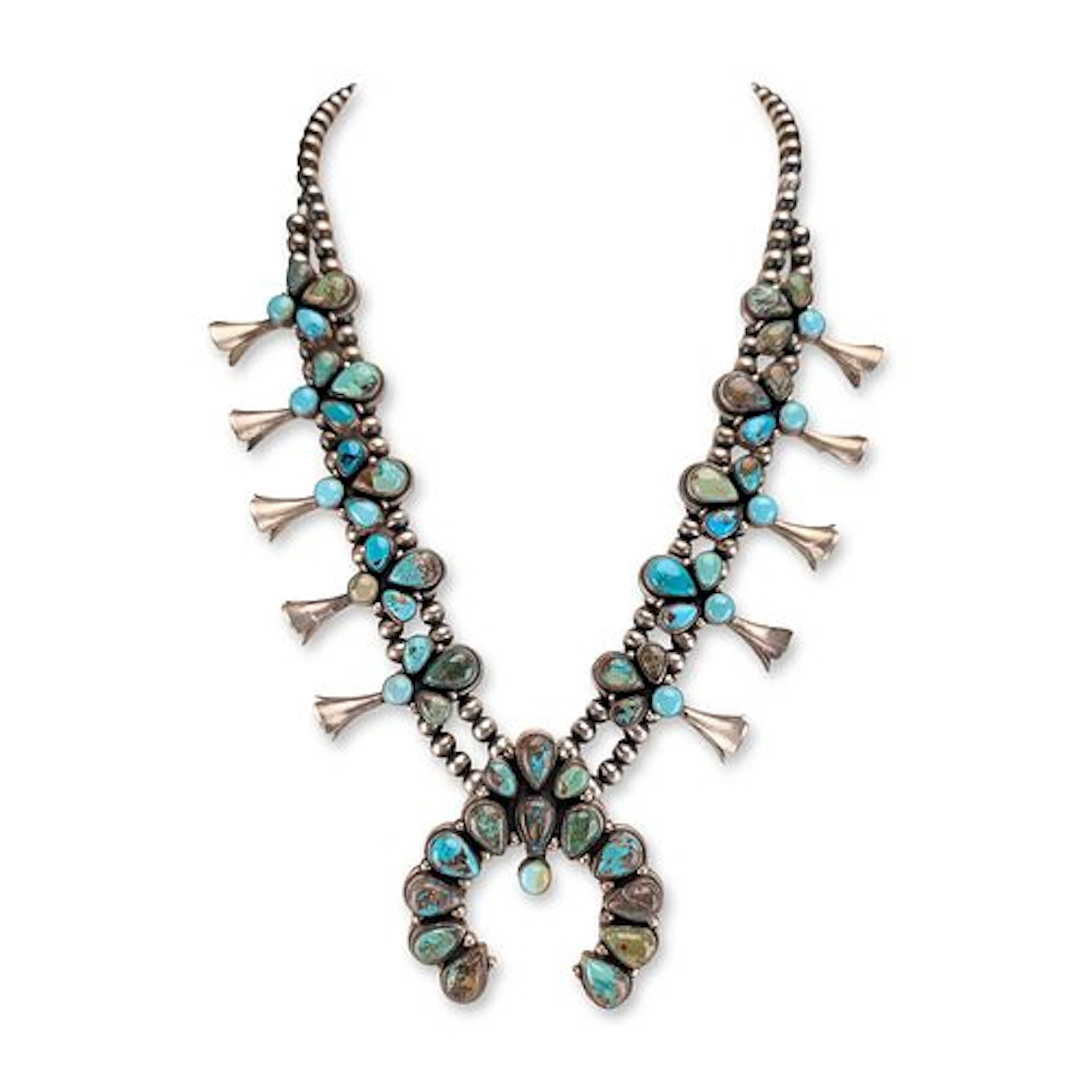 Jimmy Lee Navajo Sterling Silver Turquoise Squash Blossom Necklace