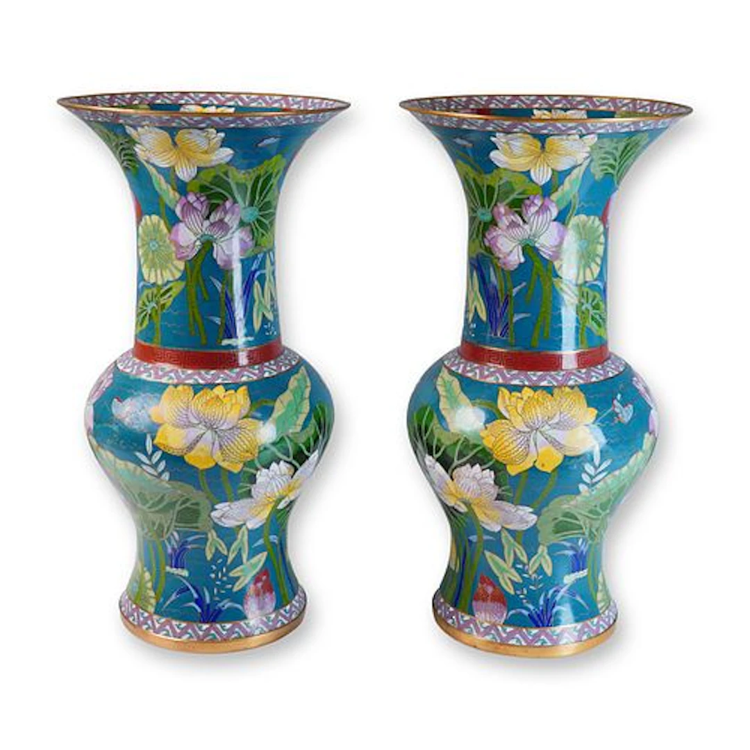 Pair of Chinese Cloisonne Lotus Design Vases