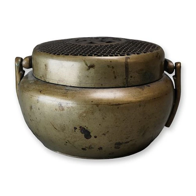 Chinese Bronze Circular Handwarmer with Pierced Cover, Floral Designs
