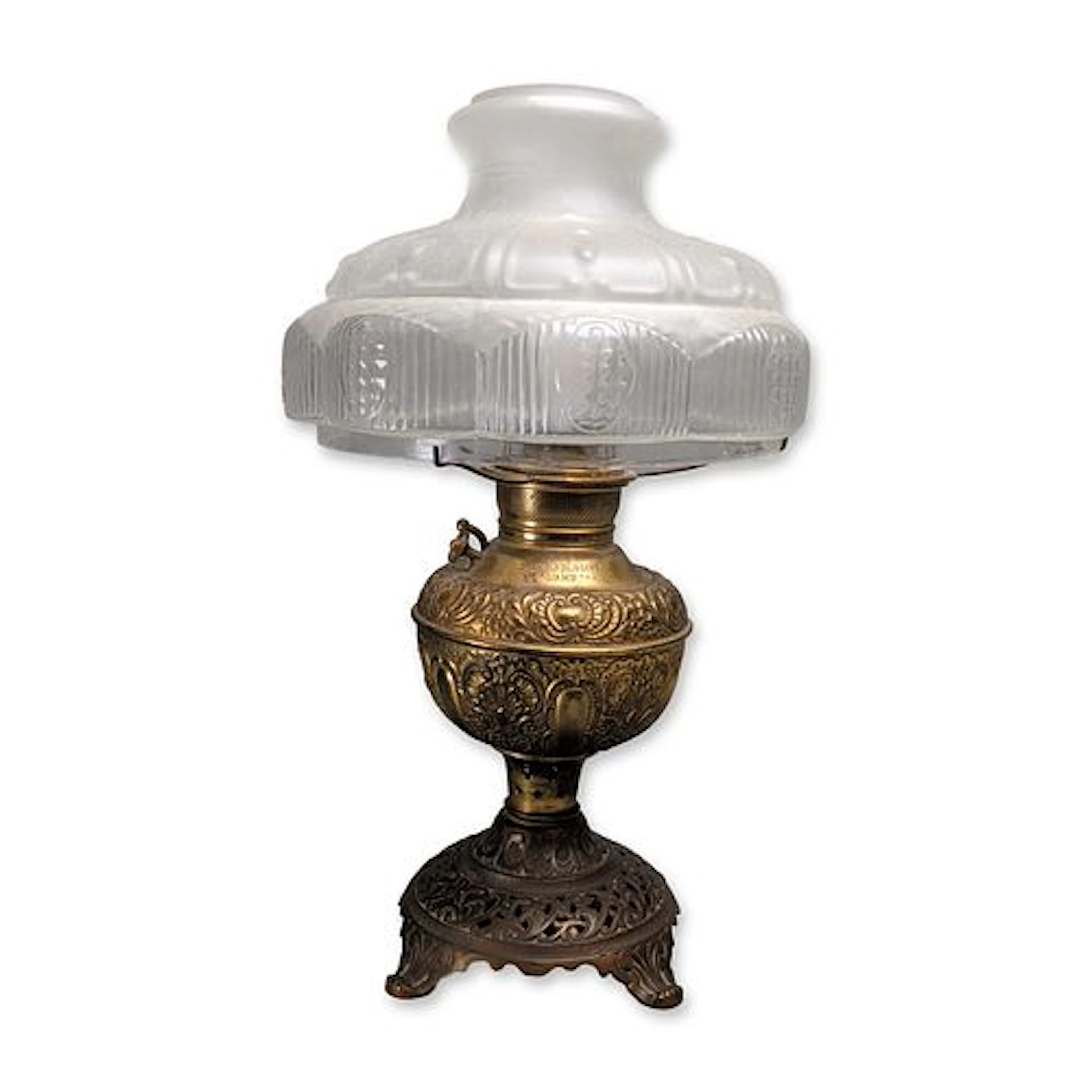 Edward Miller & Co. Brass Non-Explosive Kerosene Banquet Lamp and Shade