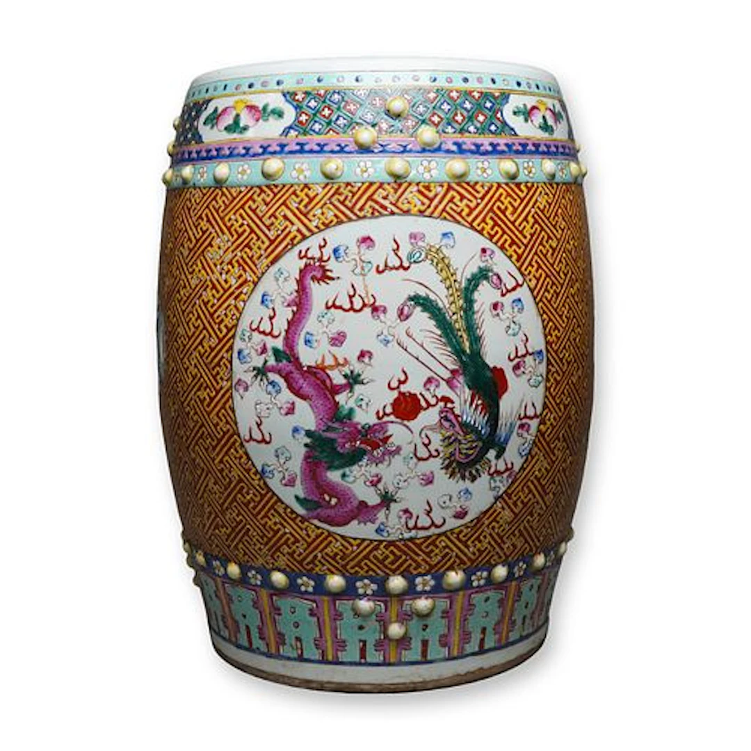 Chinese Famille Rose Garden Seat w/ Phoenix and Dragon Motif