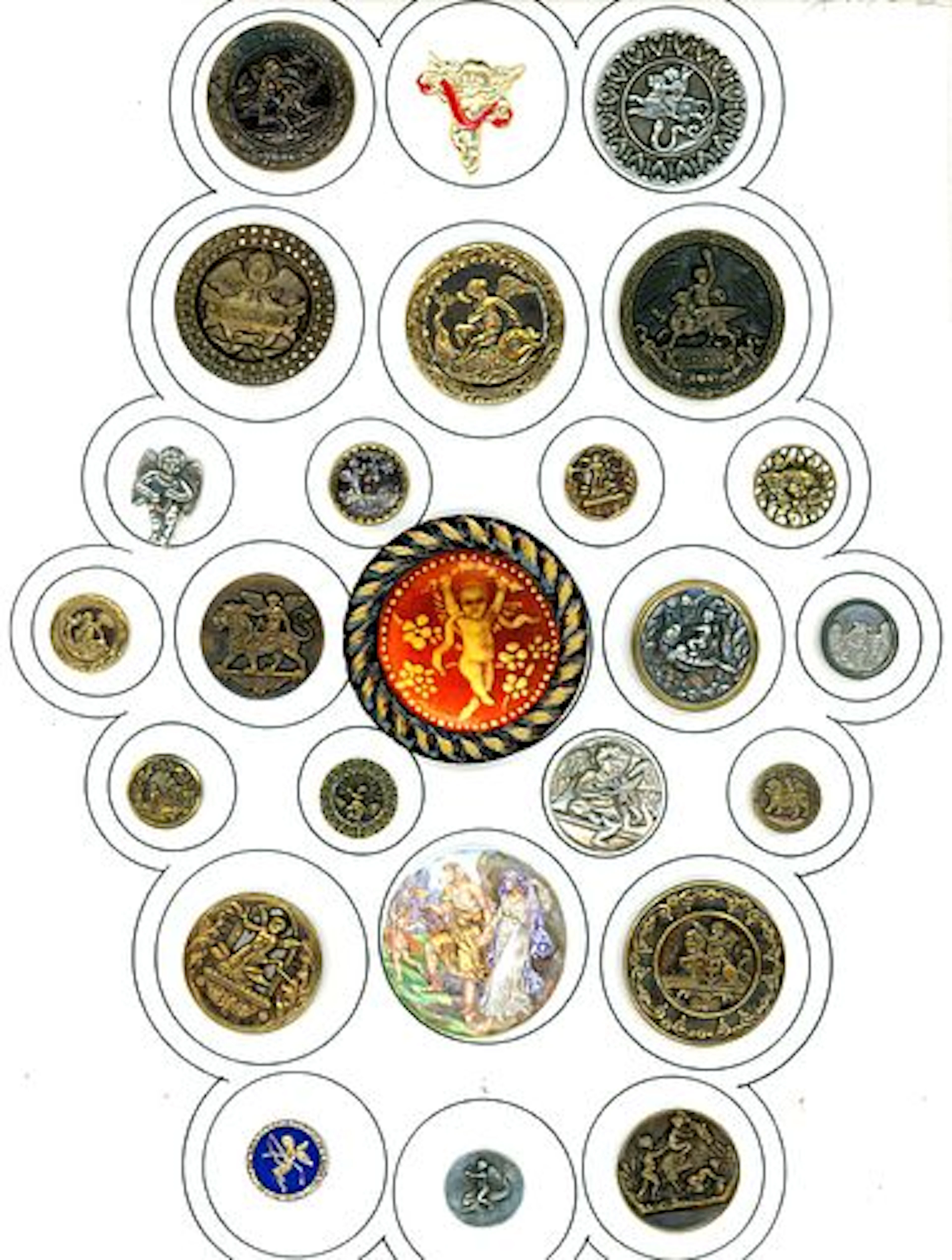 A CARD OF DIVISION ONE AND THREE CHERUB/CUPID BUTTONS