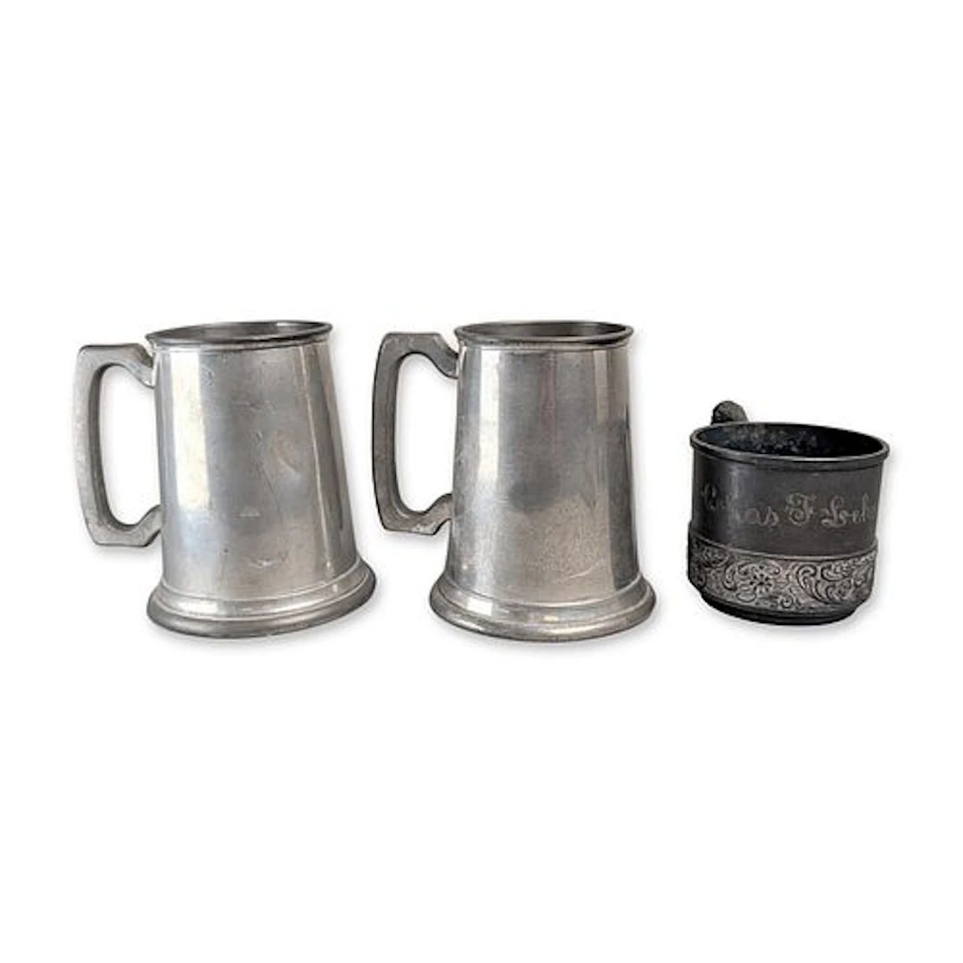3pc English Pewter Tankards and American Silver Plate Cup