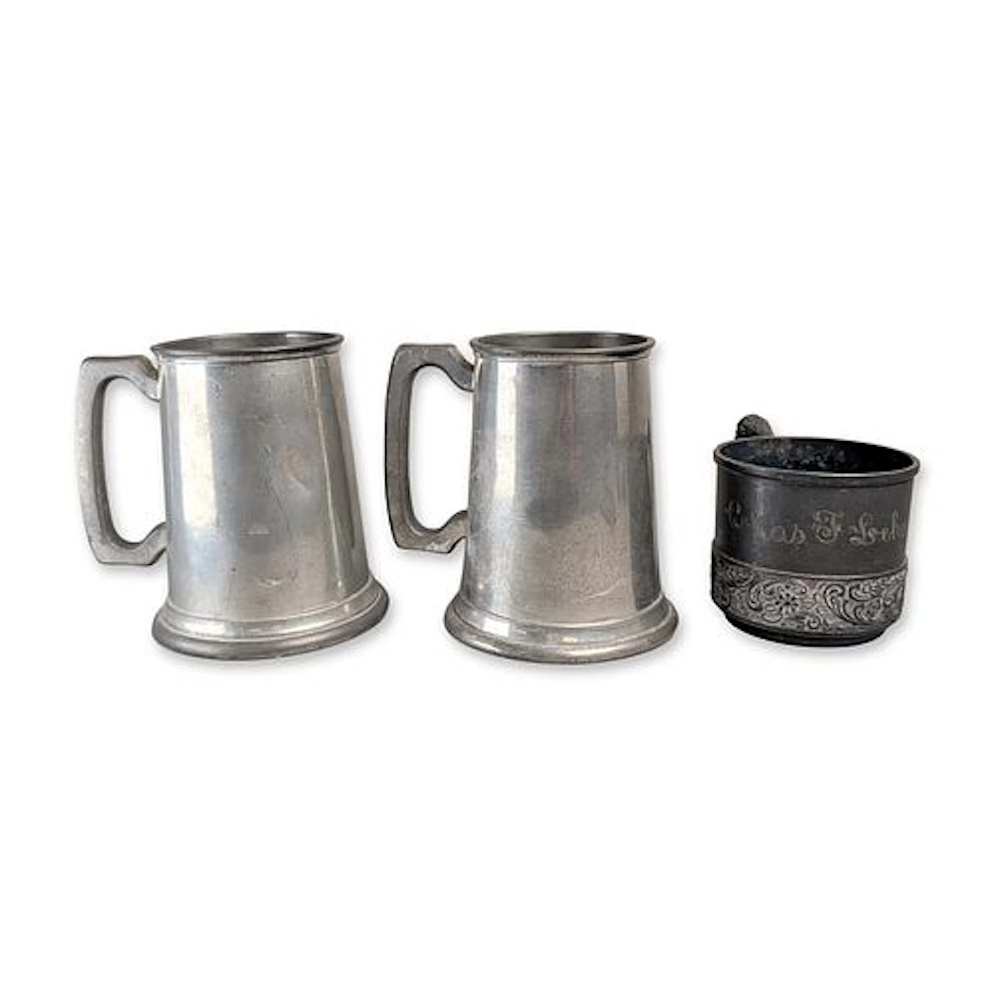 3pc English Pewter Tankards and American Silver Plate Cup