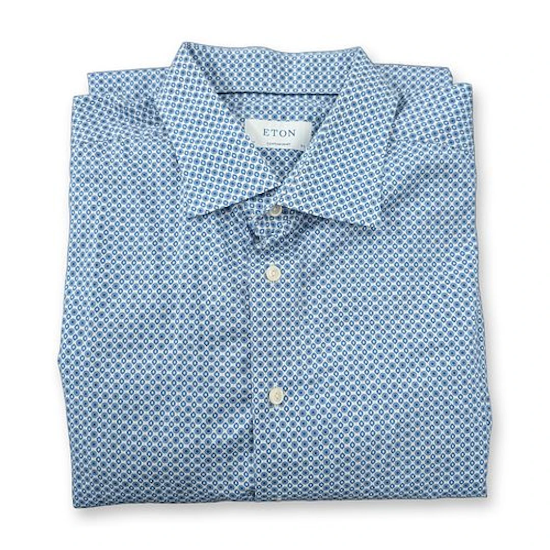 Eton Contemporary Fit Blue Geometric Micro Print Cotton Dress Shirt