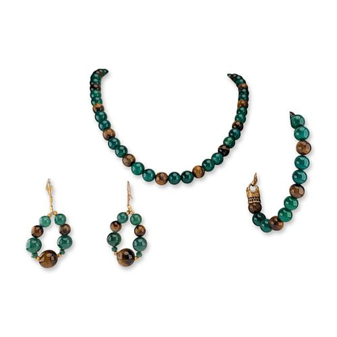 3pc Tiger's Eye and Green Gemstone Jewelry