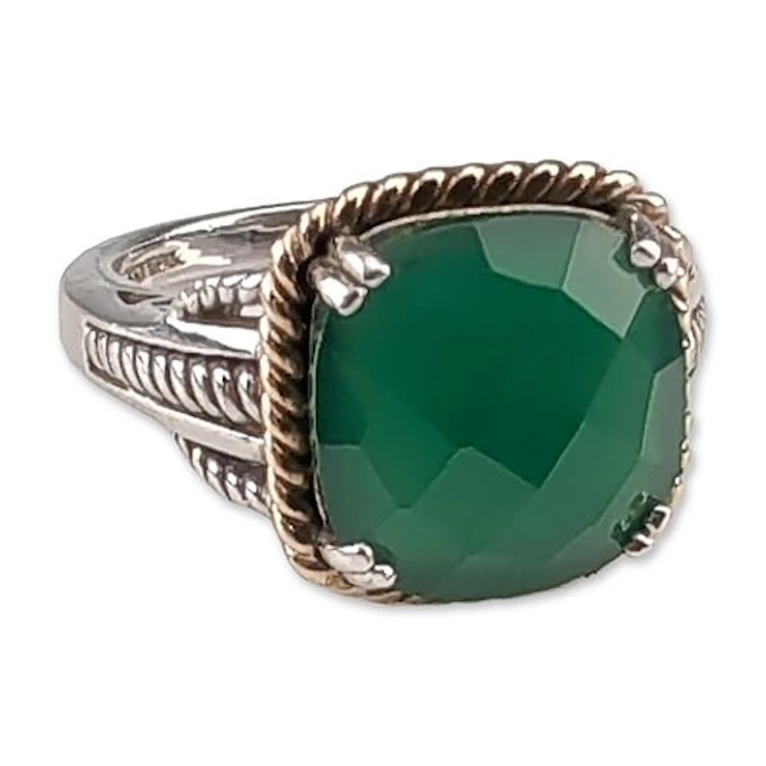 Two-Tone Sterling Silver and 10K Gold Green Onyx Cable Ring