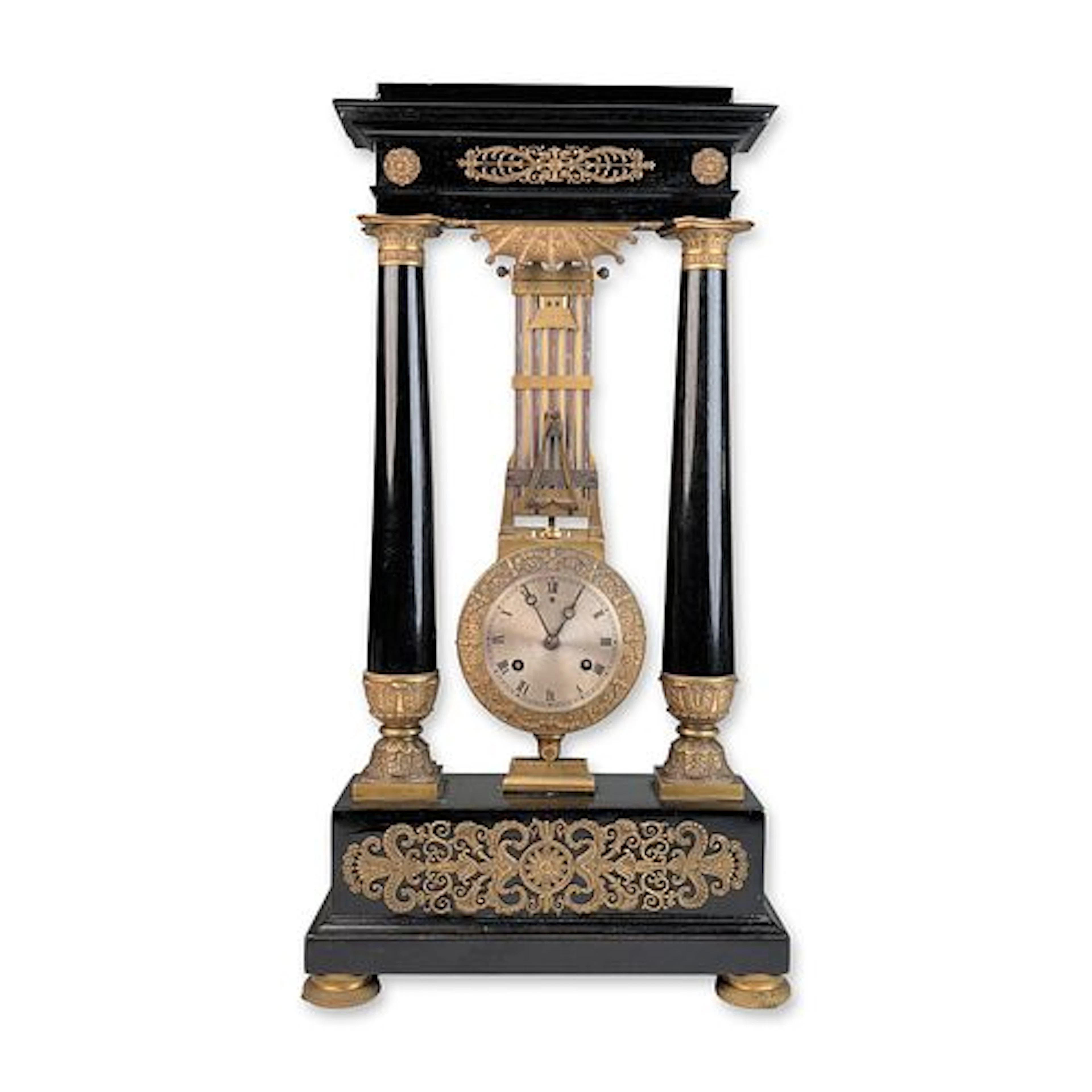French Empire Ebonized and Ormolu Pendulum Portico Mantel Clock