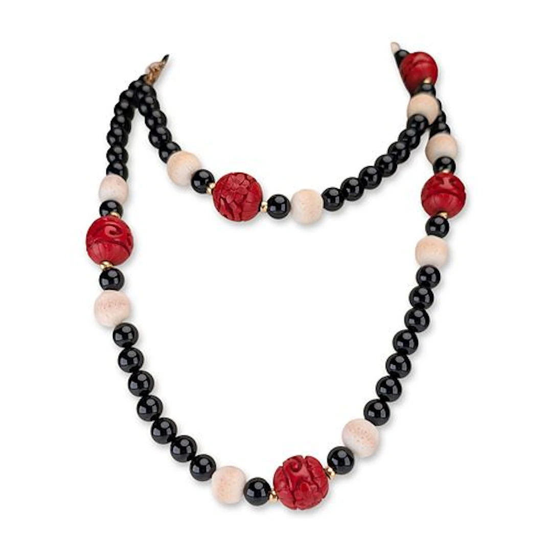 14K Gold Onyx Sponge Coral and Carved Cinnabar Bead Necklace