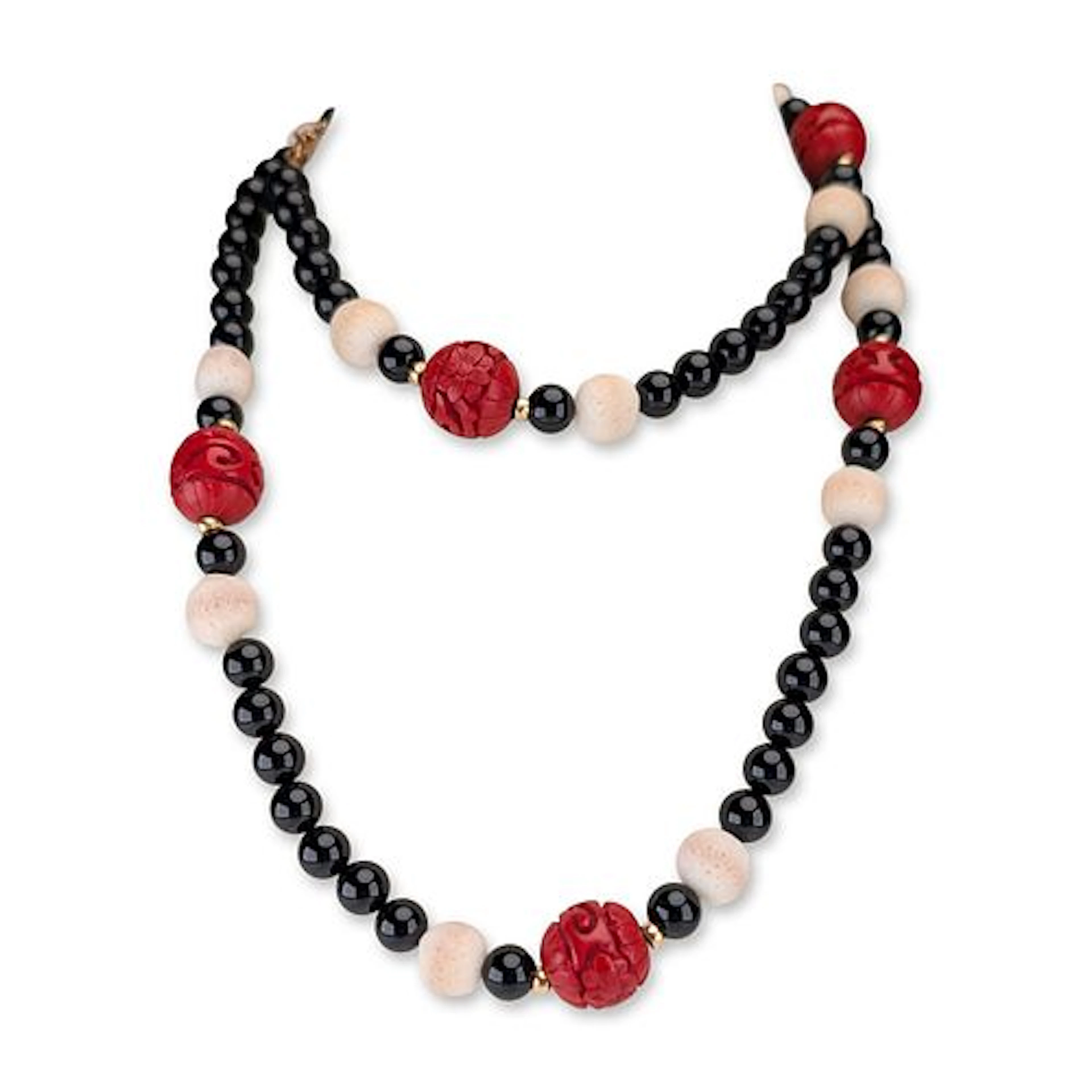 14K Gold Onyx Sponge Coral and Carved Cinnabar Bead Necklace